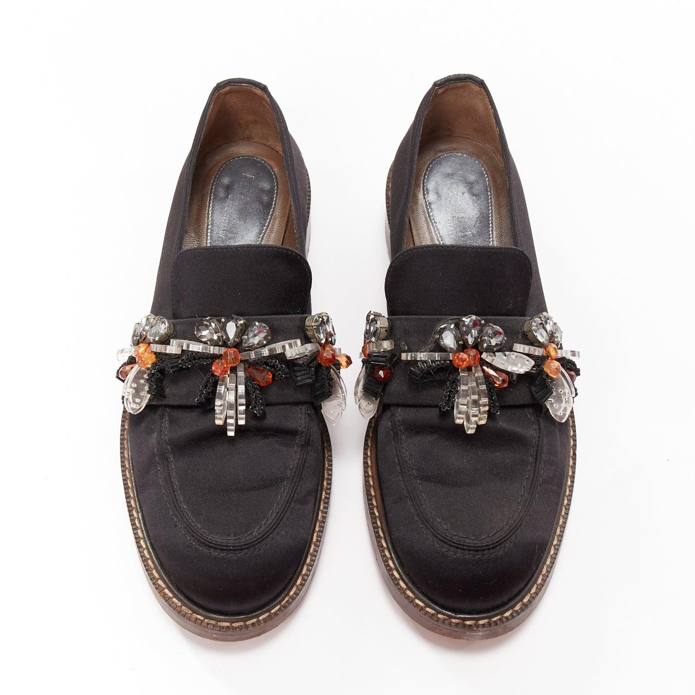 Black MARNI black satin clear flower beads embellished loafers EU38.5