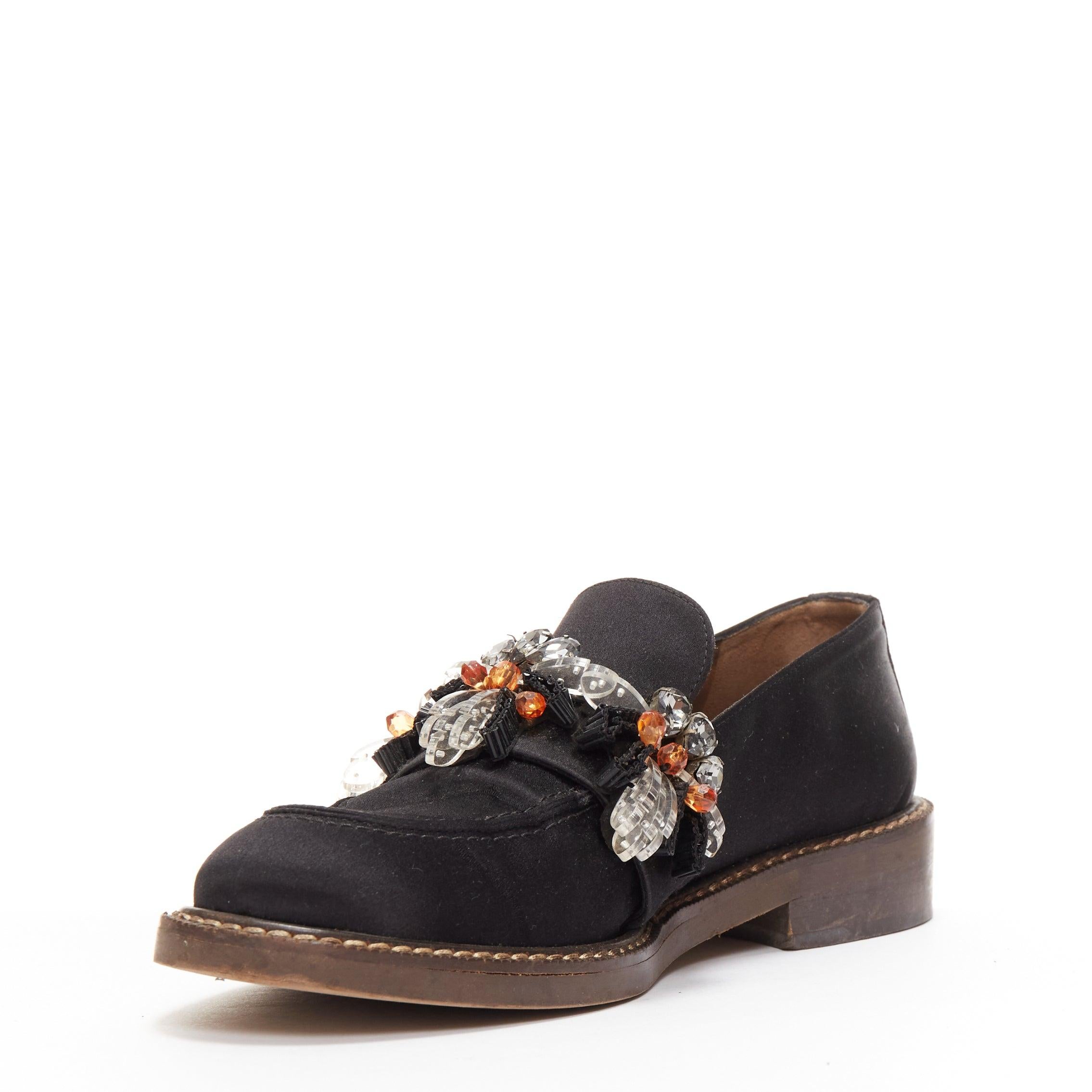 MARNI black satin clear flower beads embellished loafers EU38.5 In Fair Condition In Hong Kong, NT