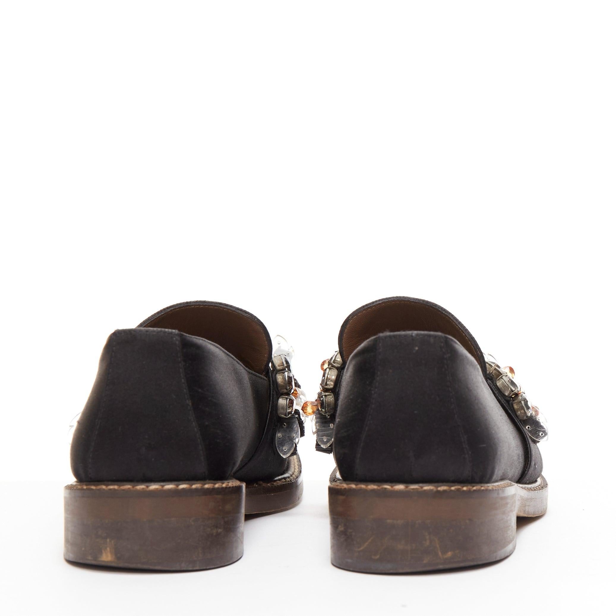 Women's MARNI black satin clear flower beads embellished loafers EU38.5