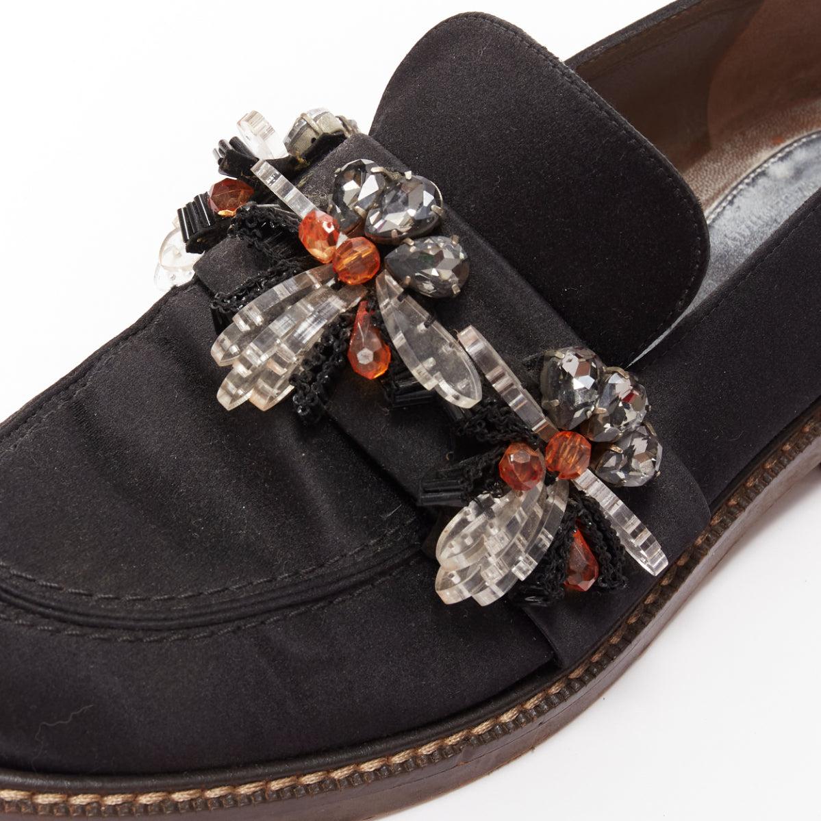 MARNI black satin clear flower beads embellished loafers EU38.5 2