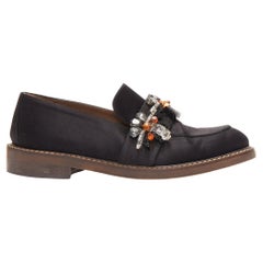 MARNI black satin clear flower beads embellished loafers EU38.5