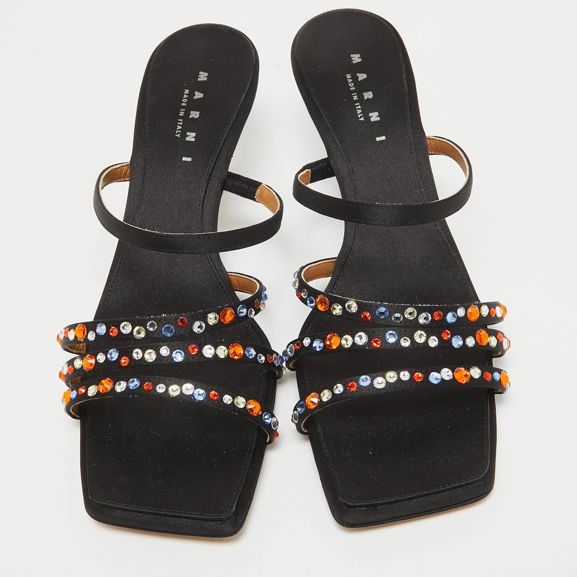 Marni Black Satin Crystal Embellished Slide Sandals Size 40 In New Condition In Dubai, Al Qouz 2