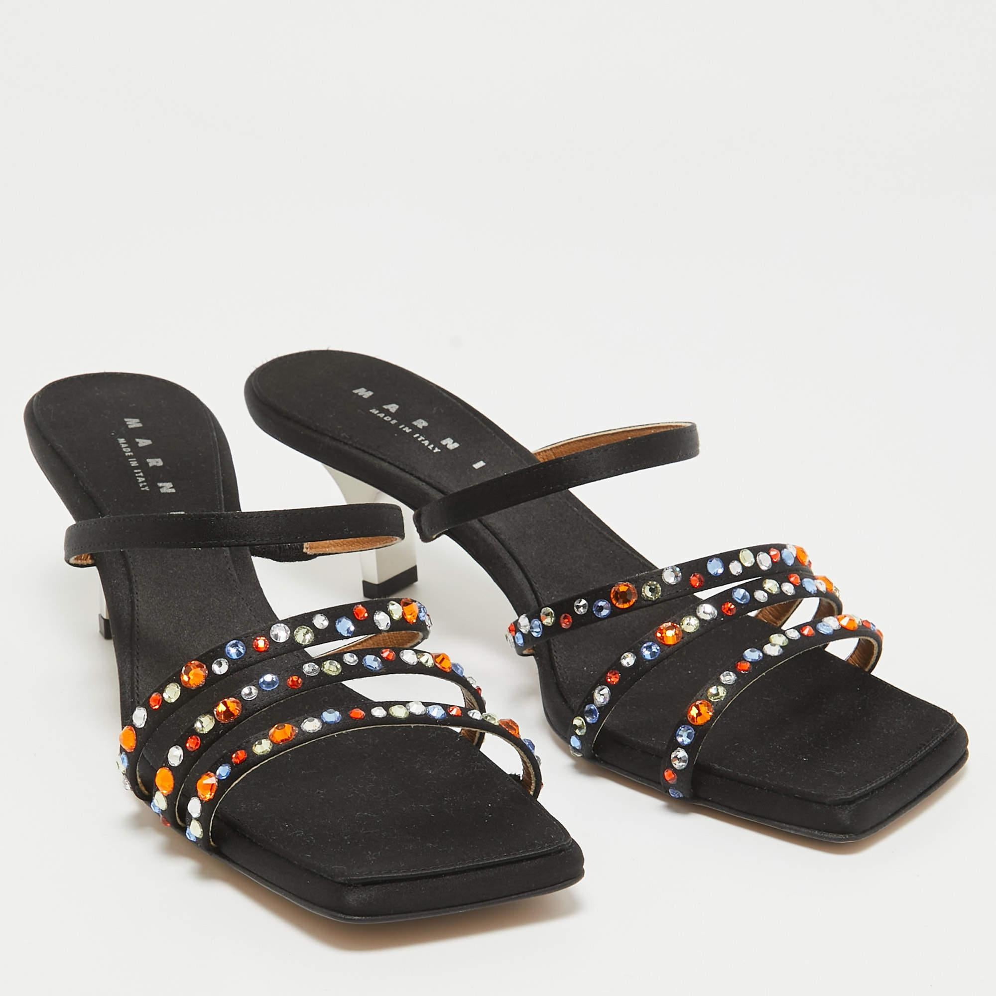 Women's Marni Black Satin Crystal Embellished Slide Sandals Size 40