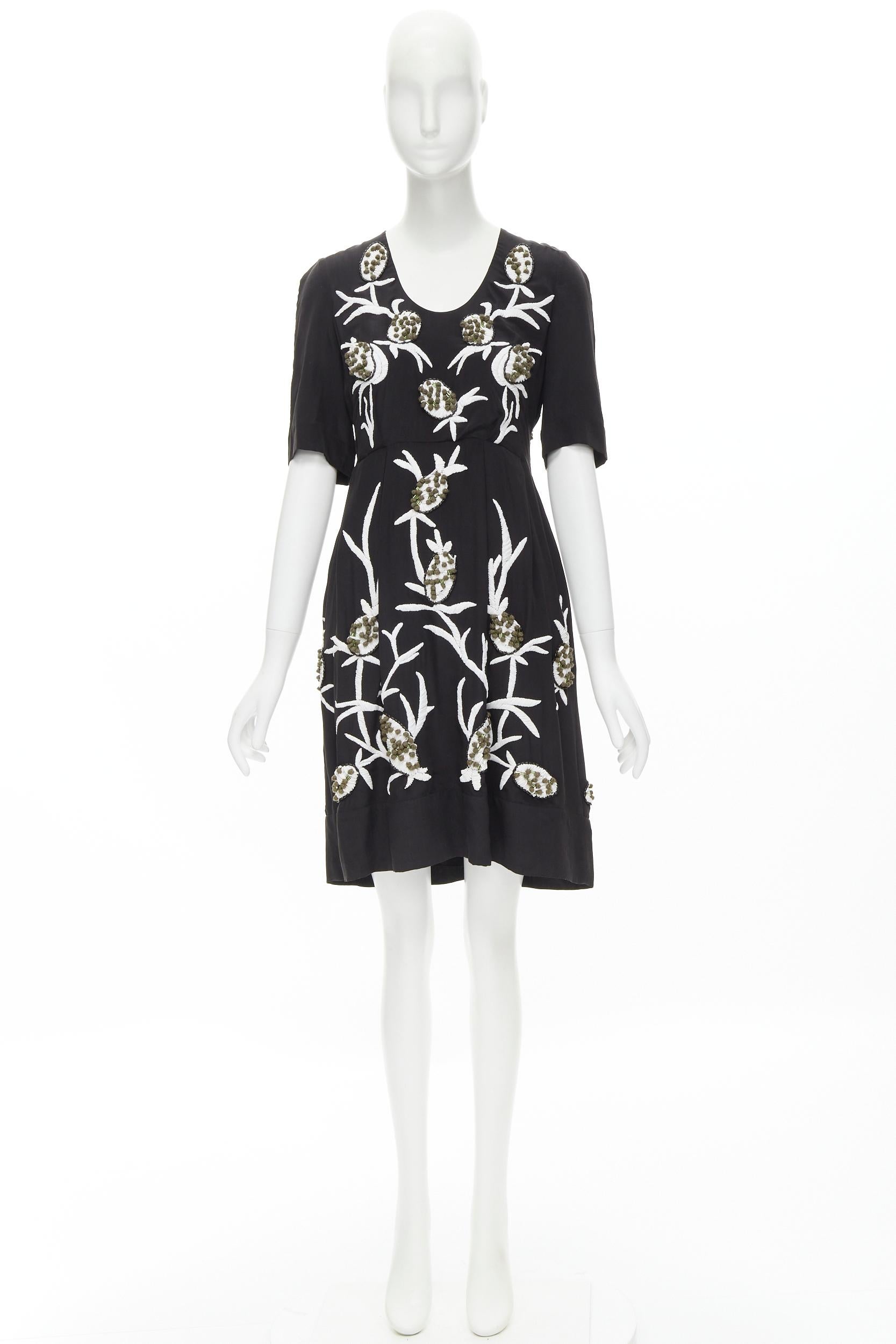MARNI  black silk white grey floral bed embroidery short sleeve dress IT40 S 6