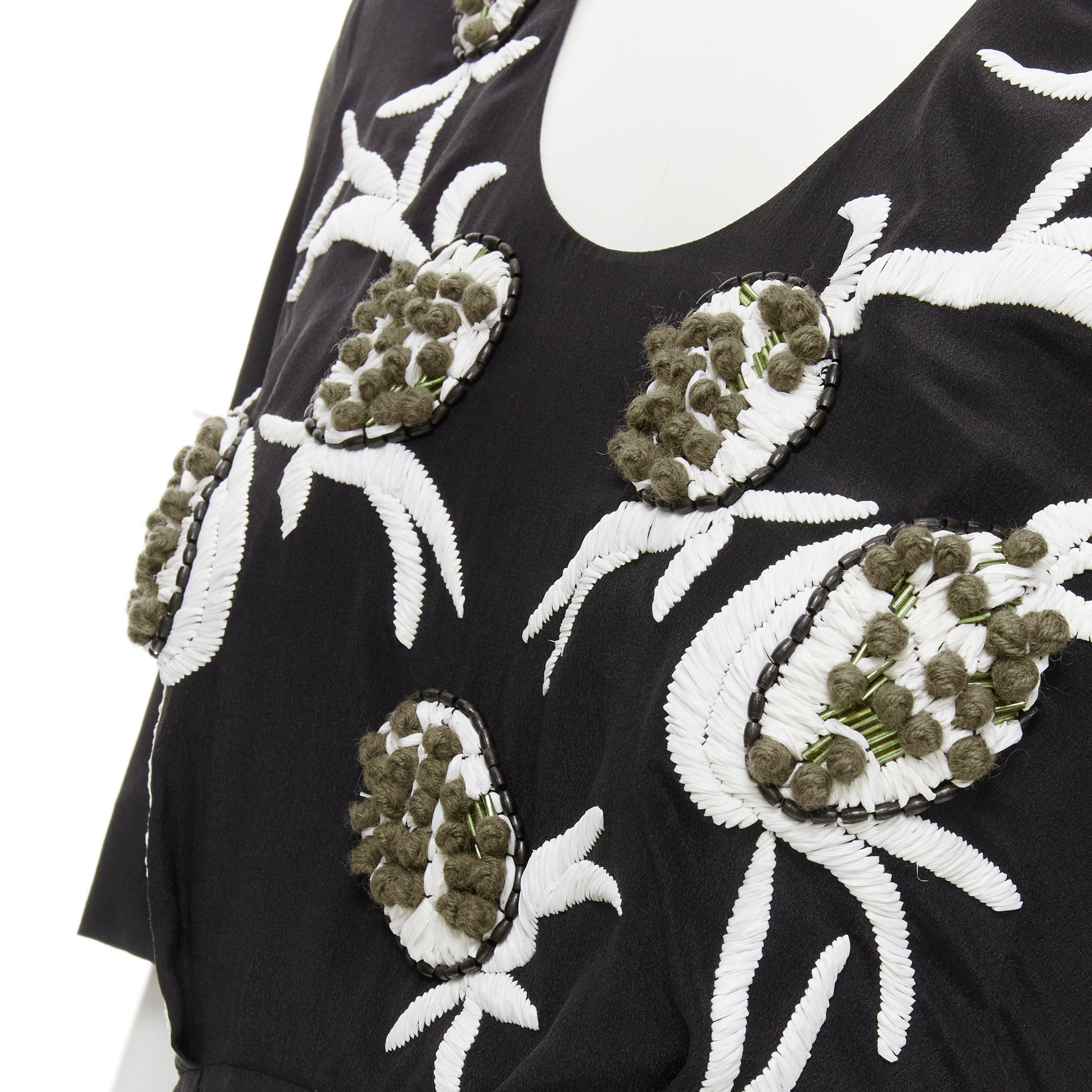 MARNI black silk white grey floral bed embroidery short sleeve dress IT40 S 
Reference: CELG/A00197 
Brand: Marni 
Material: Silk 
Color: Black 
Pattern: Floral 
Closure: Zip 
Extra Detail: White raffia embroidery with grey wool ball, black and gold