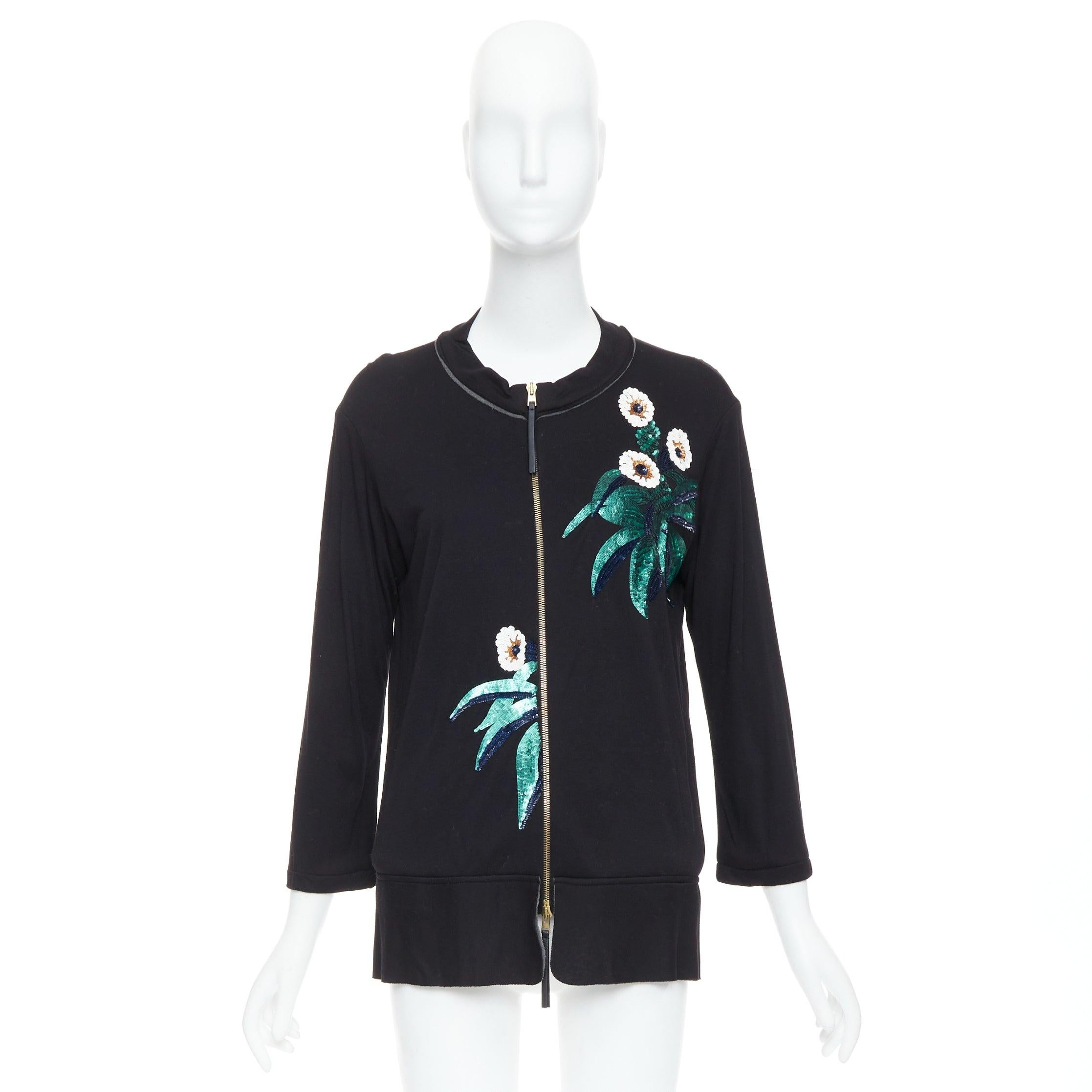 MARNI negro blanco verde lentejuelas flor cuero cremallera chaqueta jersey IT42 M en venta 5
