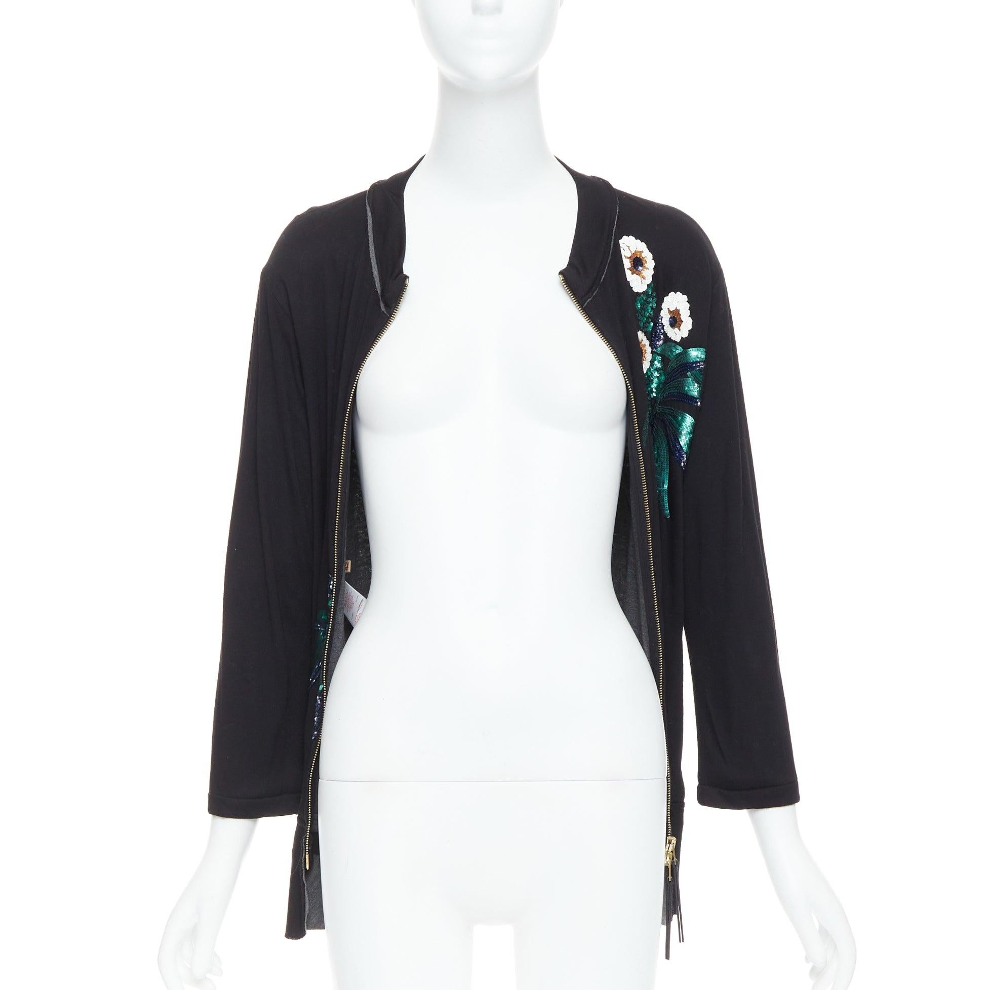 MARNI negro blanco verde lentejuelas flor cuero cremallera chaqueta jersey IT42 M Negro en venta