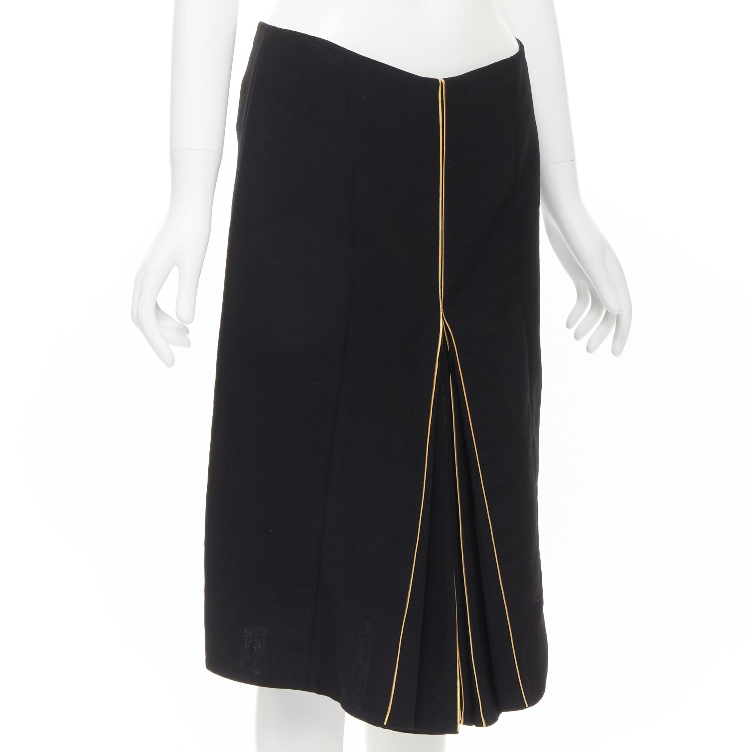 Black MARNI black wool gold piping flared vent knee skirt IT40 S For Sale