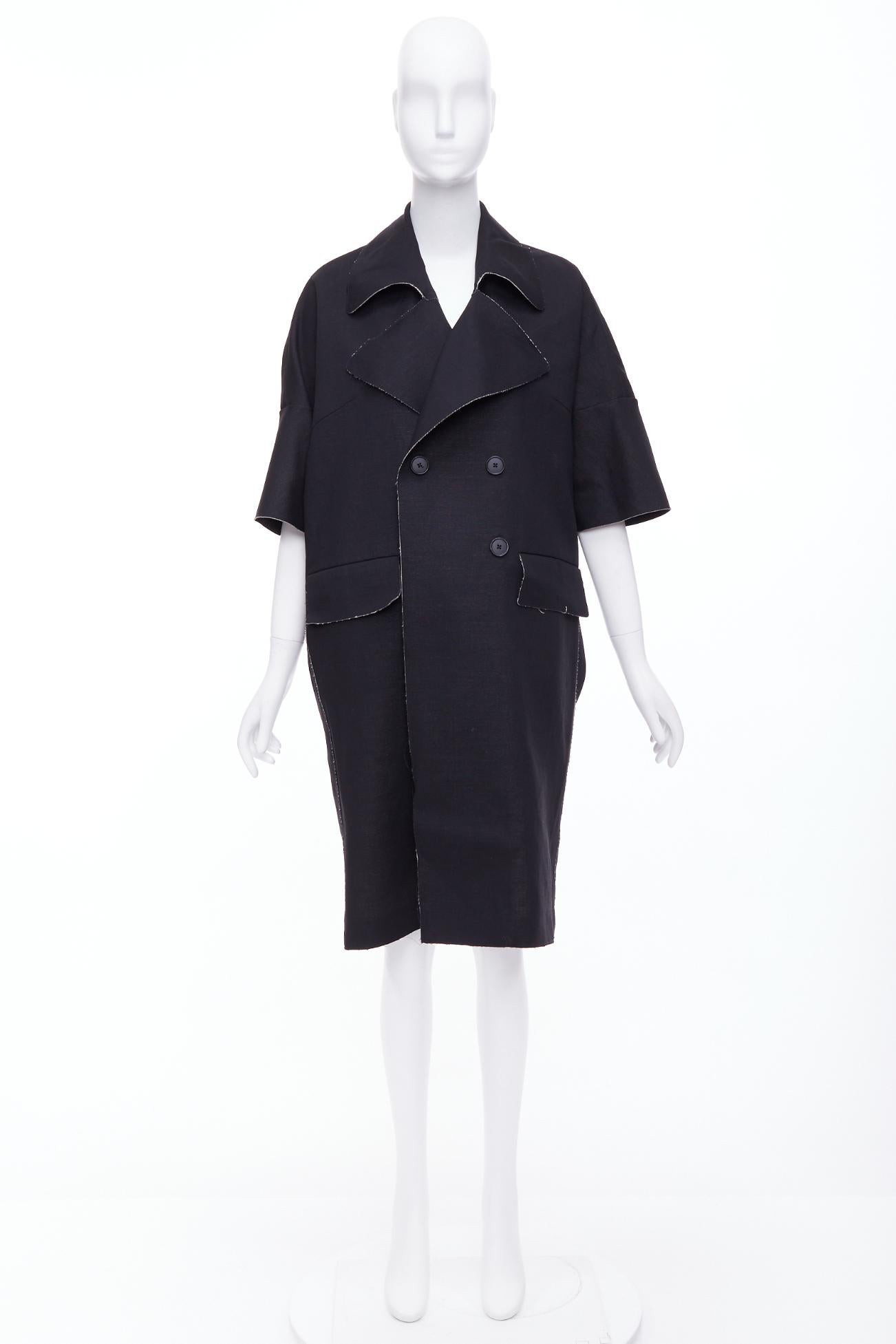 MARNI manteau long à double boutonnage en laine noire et lin à bords effilochés IT38 XS en vente 4