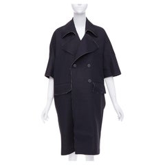 MARNI Schwarzer doppelreihiger langer Mantel aus Wolle und Leinen mit ausgefranstem Rand IT38 XS