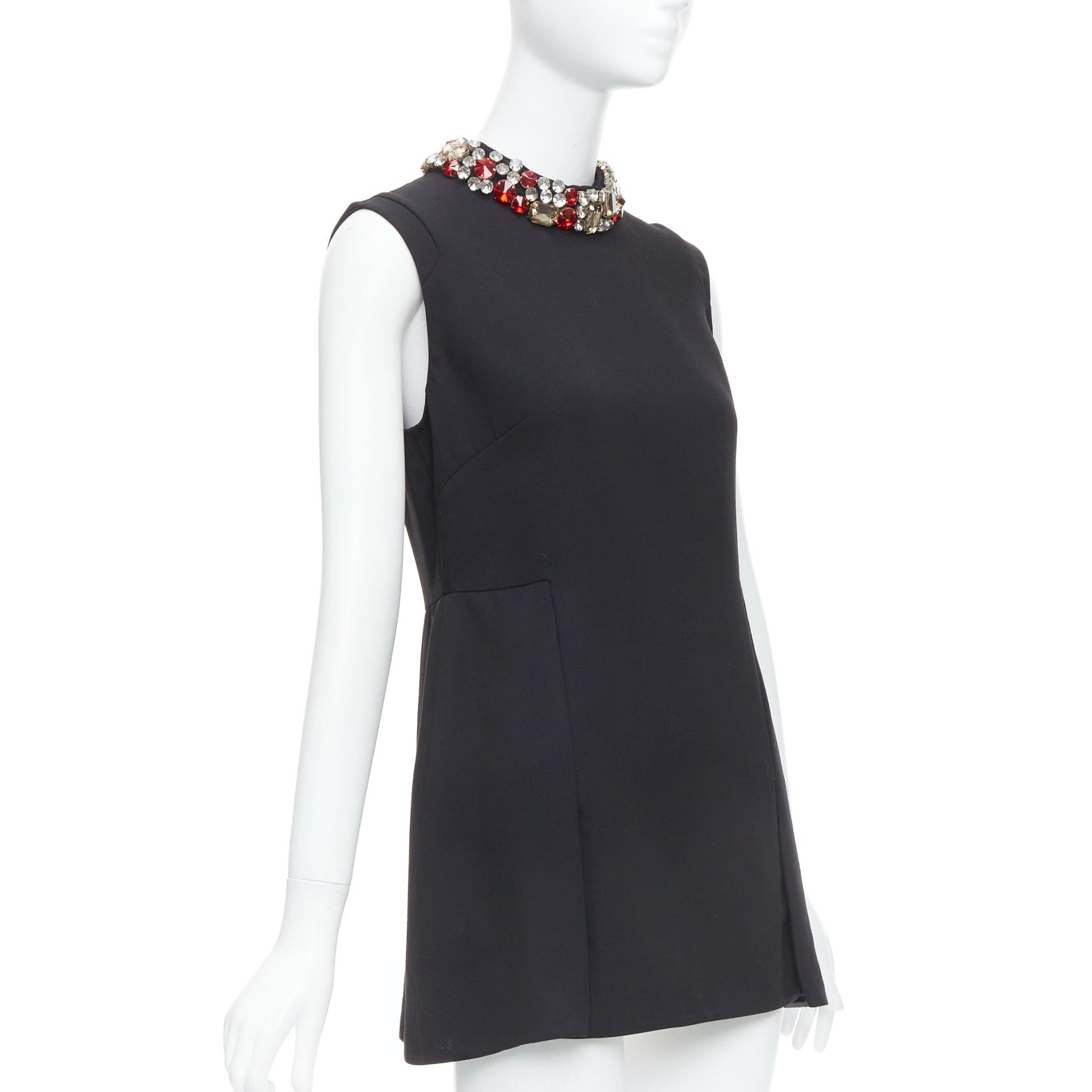 Black MARNI black wool red clear rhinestone crystal collar mini dress IT42 M