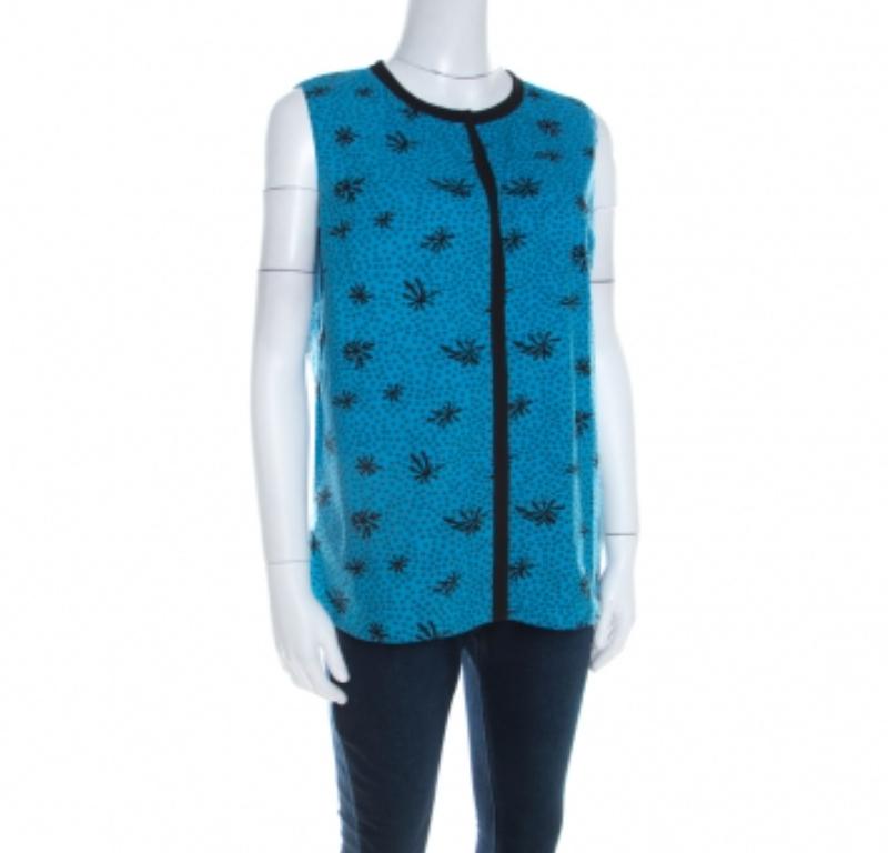 Marni Blaues und schwarzes ärmelloses Oberteil aus bedruckter Baumwolle M im Angebot 1