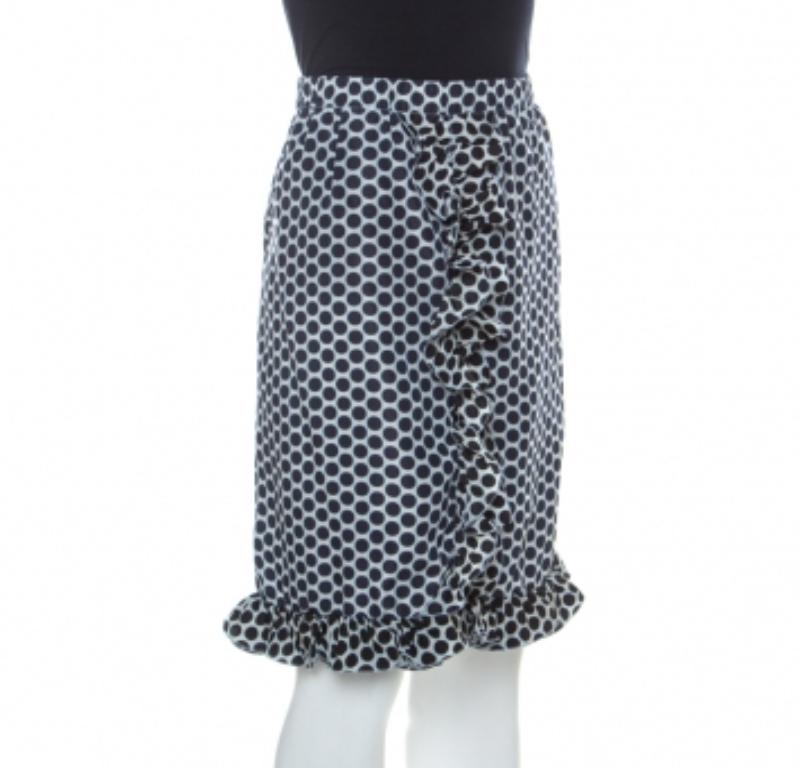 Marni Gonna in seta rivestita stampata a Dot Dot Dot White e blu con dettaglio volant S. In condizioni buone in vendita a Dubai, Al Qouz 2