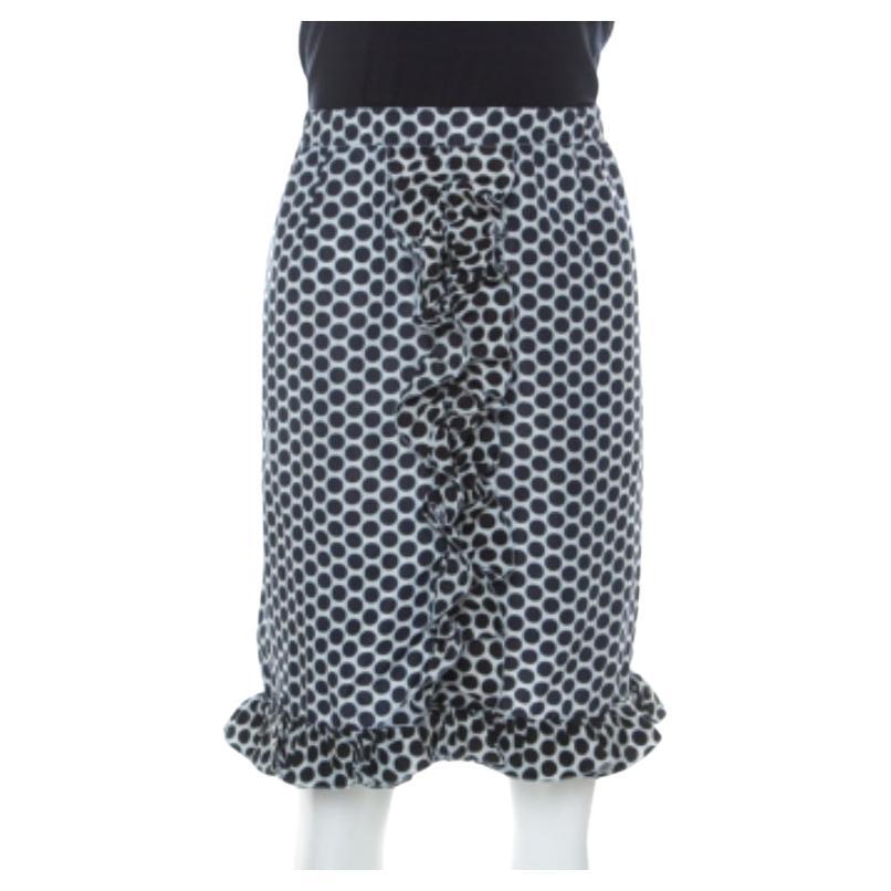 Marni Gonna in seta rivestita stampata a Dot Dot Dot White e blu con dettaglio volant S. in vendita