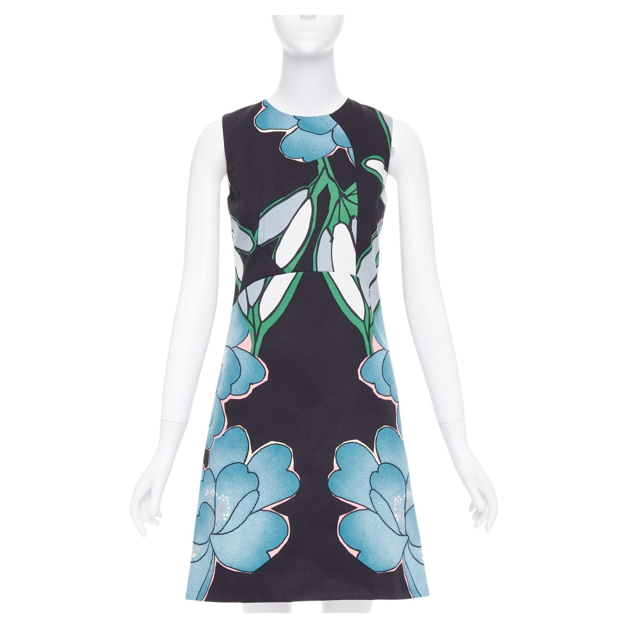 MARNI blue black cotton linen large flower print shift dress IT38 XS