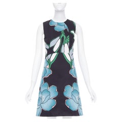 MARNI blue black cotton linen large flower print shift dress IT38 XS
