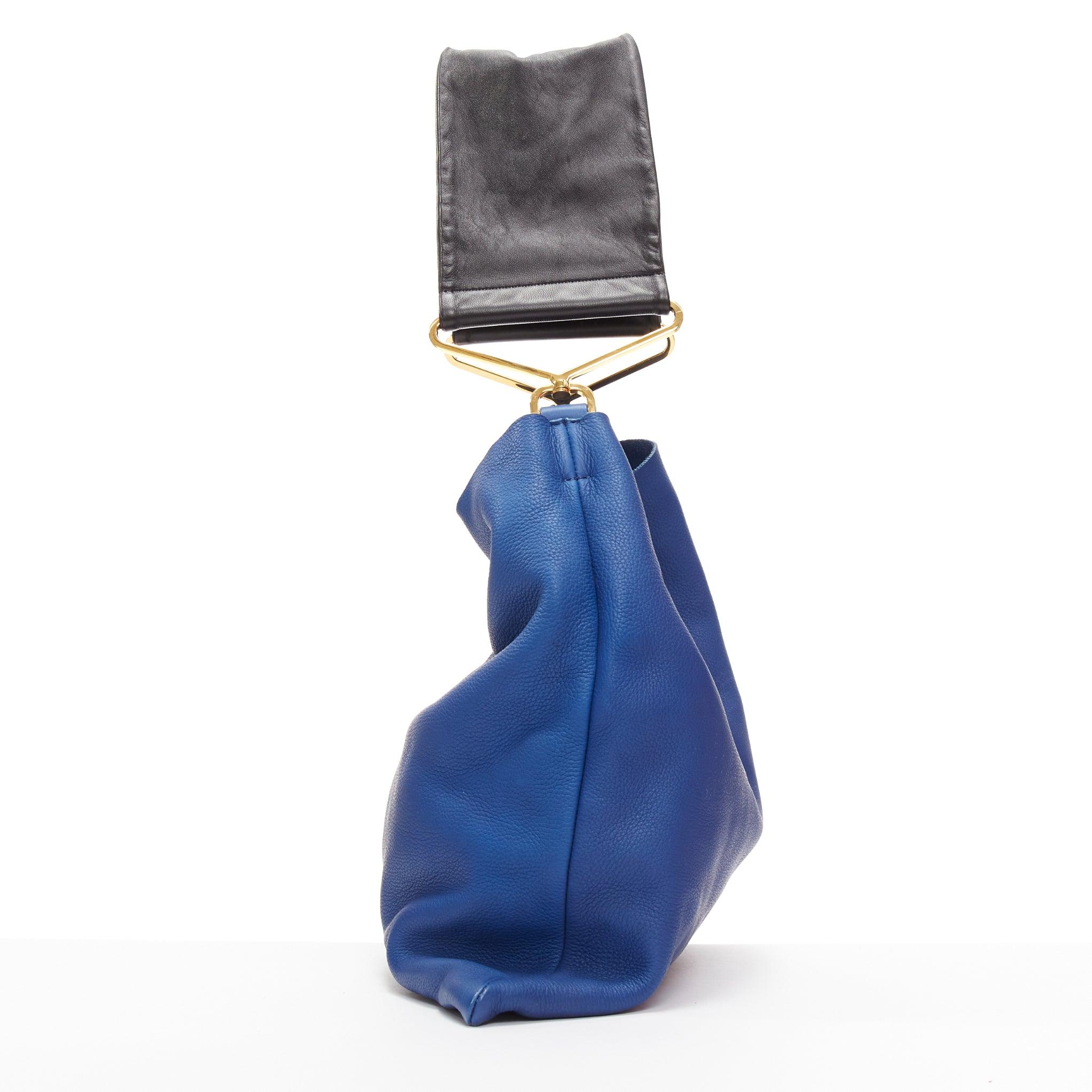 Women's MARNI blue black textured leather gold hardware wide strap tote bag