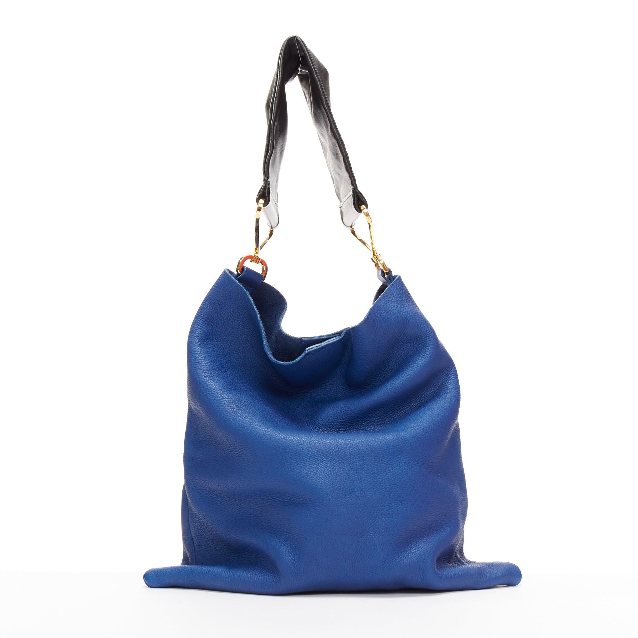 MARNI blue black textured leather gold hardware wide strap tote bag 1