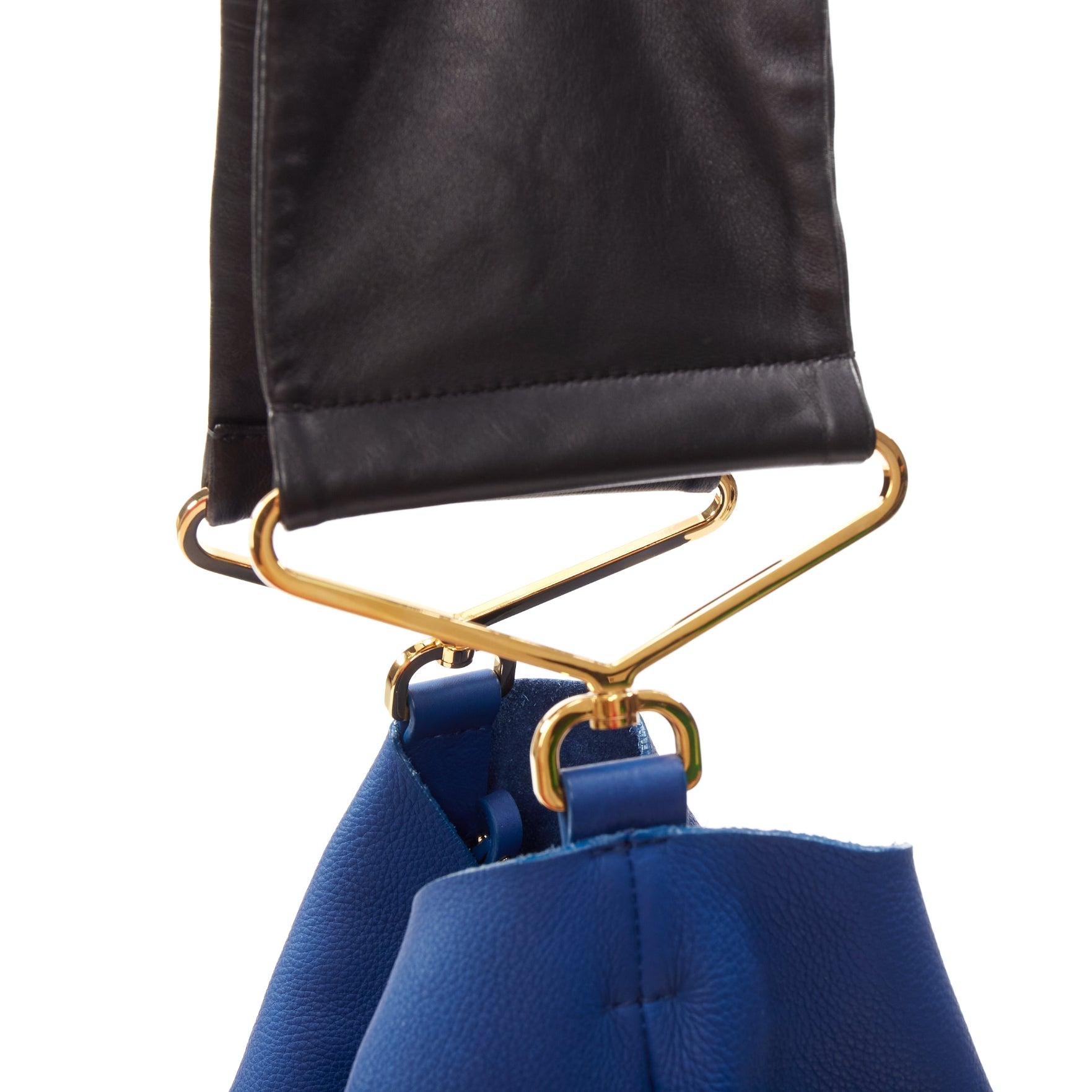 MARNI blue black textured leather gold hardware wide strap tote bag 3