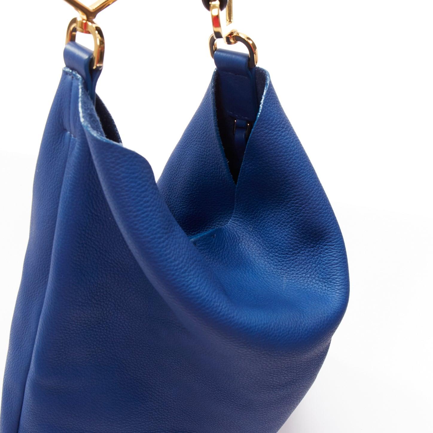 MARNI blue black textured leather gold hardware wide strap tote bag 4