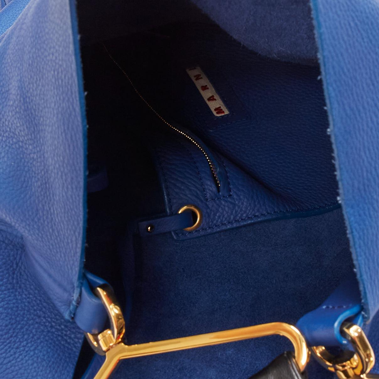 MARNI blue black textured leather gold hardware wide strap tote bag 5