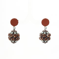 MARNI blue crystal drop ball brown leather dangling clip on earrings