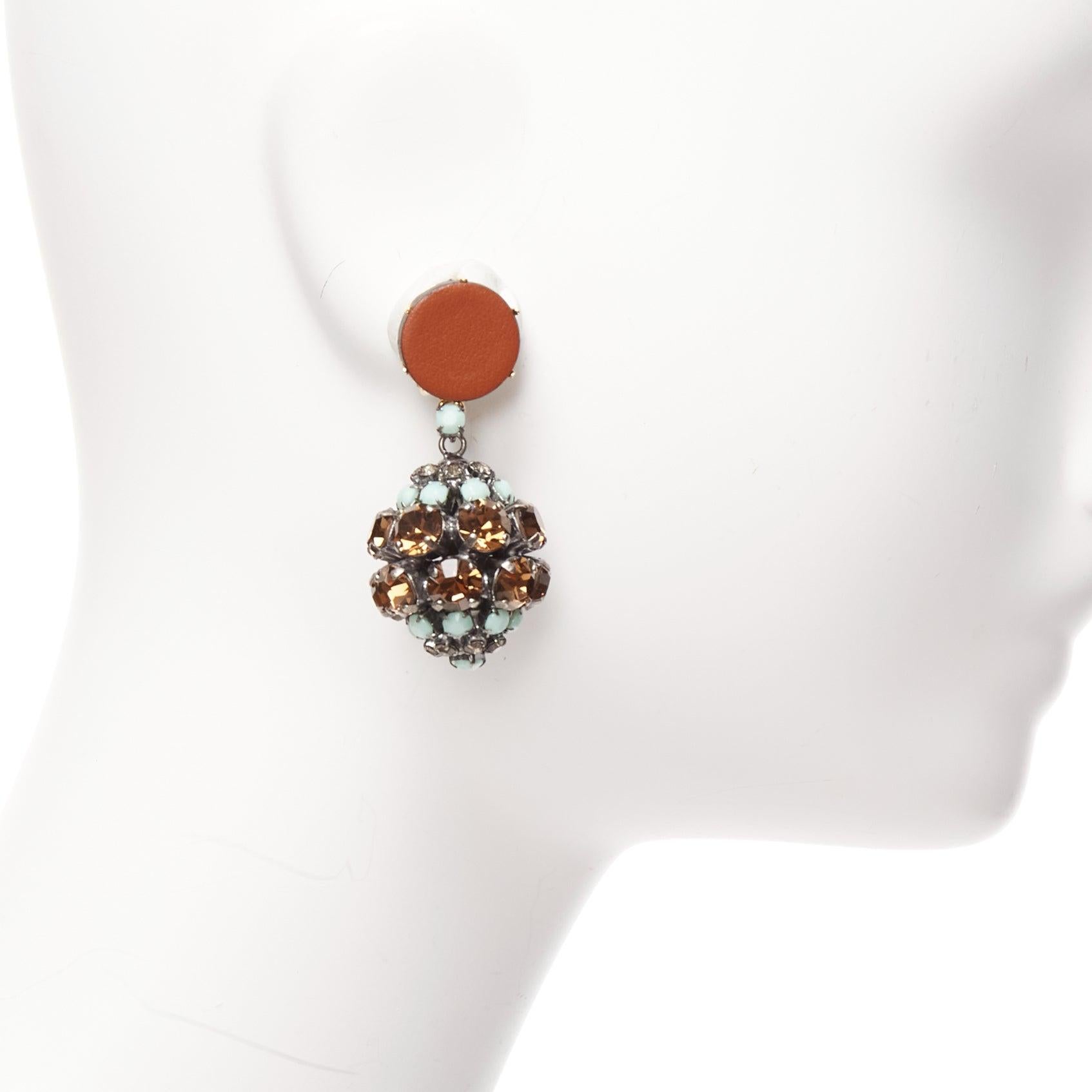 MARNI blue crystal drop ball brown leather dangling clip on earrings In Excellent Condition For Sale In Hong Kong, NT
