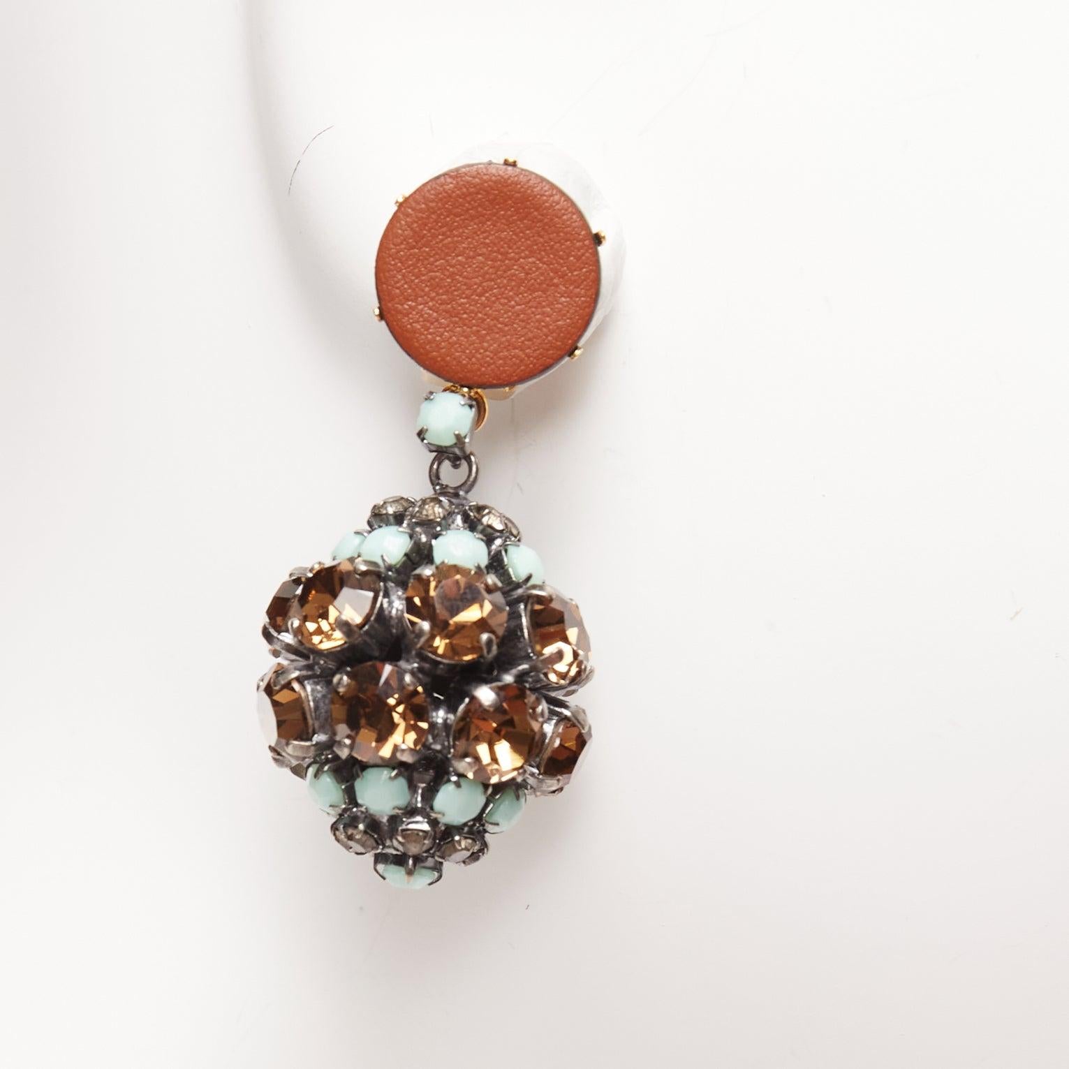 Women's MARNI blue crystal drop ball brown leather dangling clip on earrings