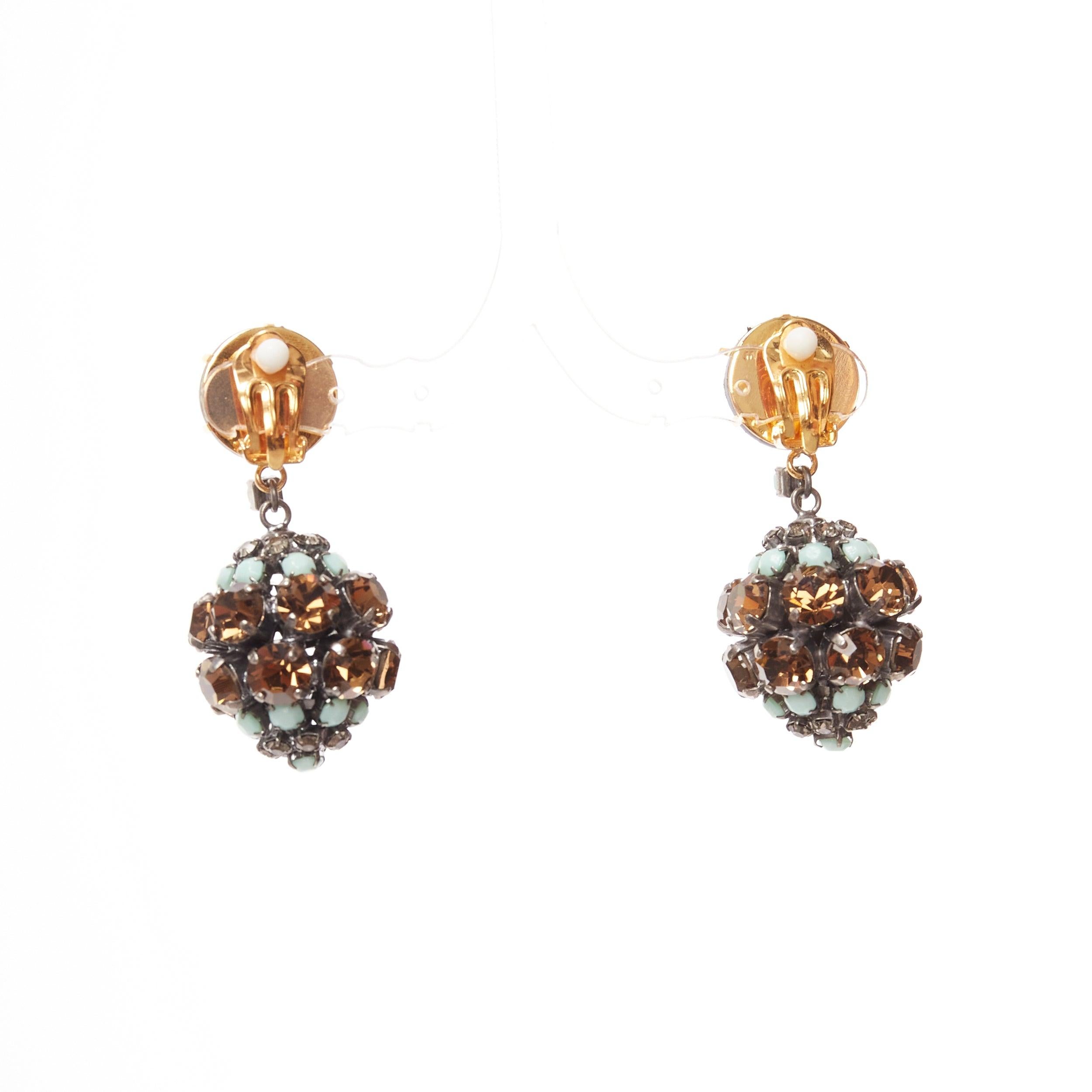 MARNI blue crystal drop ball brown leather dangling clip on earrings For Sale 1