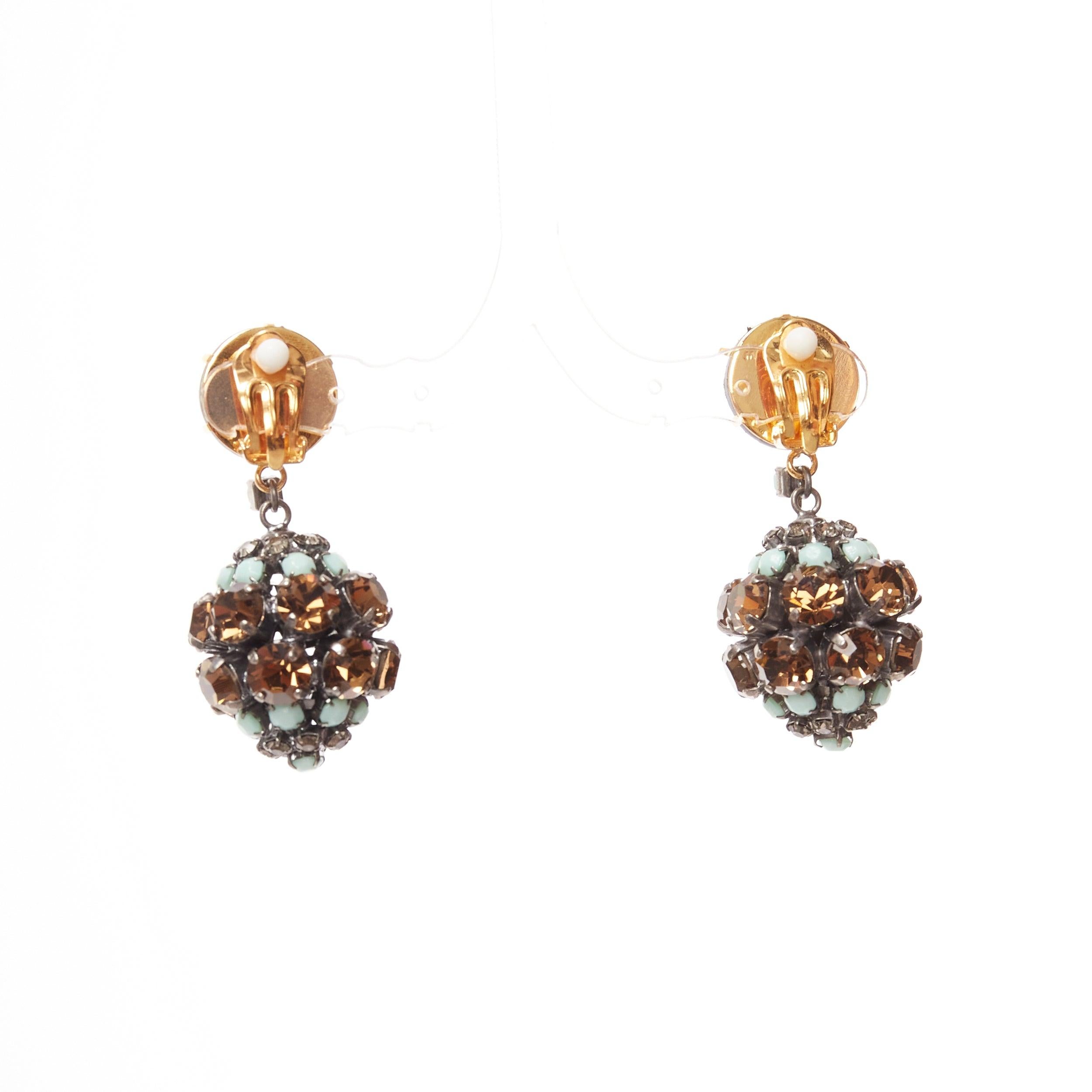 MARNI blue crystal drop ball brown leather dangling clip on earrings 1