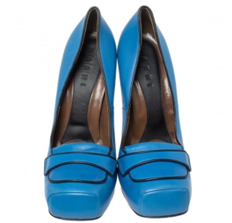 Marni Blue Leather Platform Loafer Pumps Size 40 In Good Condition For Sale In Dubai, Al Qouz 2