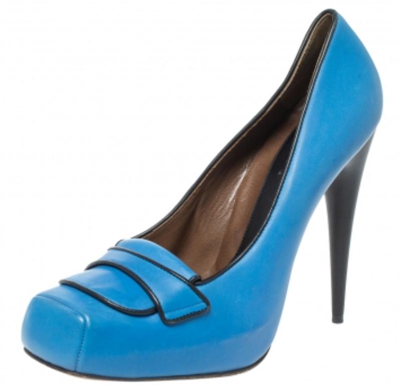 Marni Blue Leather Platform Loafer Pumps Size 40 For Sale 1