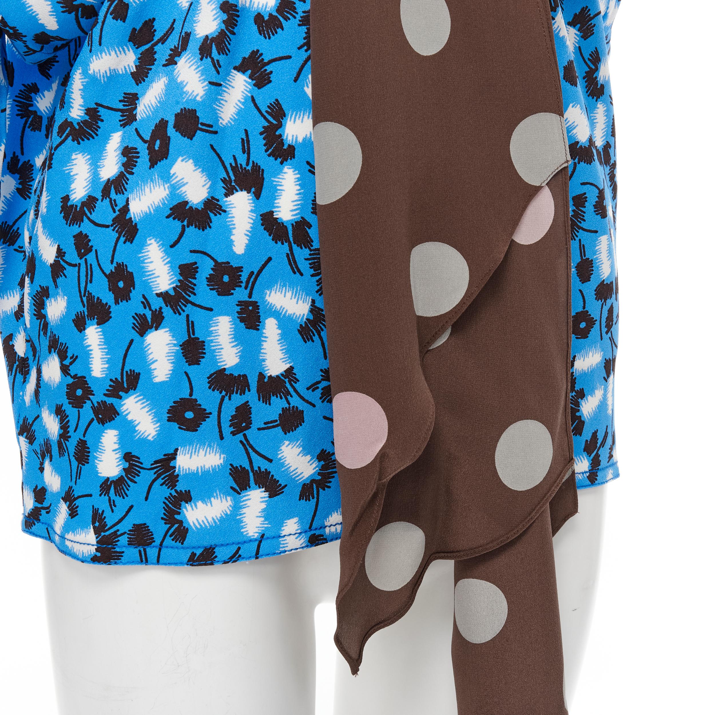 MARNI blue scribble print crepe brown polka dot bow scarf draped top IT40 S 2