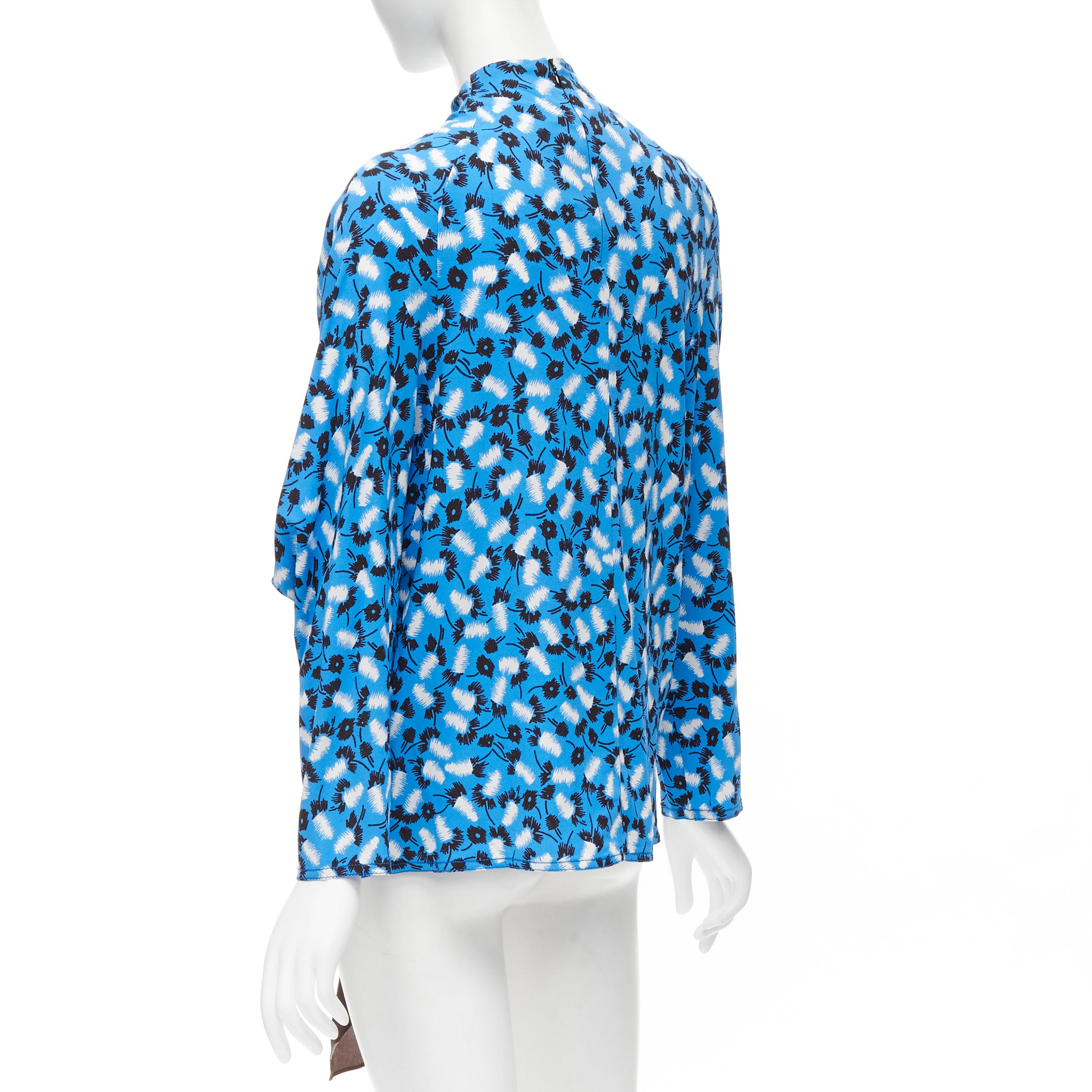 Blue MARNI blue scribble print crepe brown polka dot bow scarf draped top IT40 S