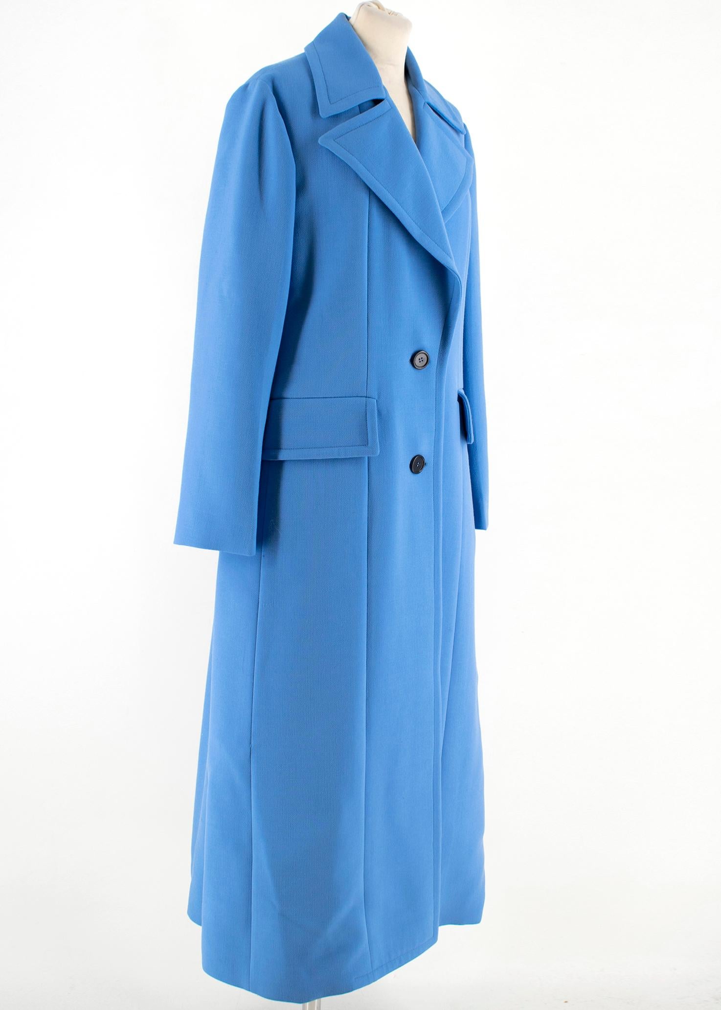 Marni blue coat made of virgin wool featuring a collar style, front button fastening and a long length. RRP £1500

- Flap pockets
- Bordeaux colour lining
- Split back hem 
Main fabric:
- 100% virgin wool
Lining:
- 52% viscose
- 48% cotton

- Do not