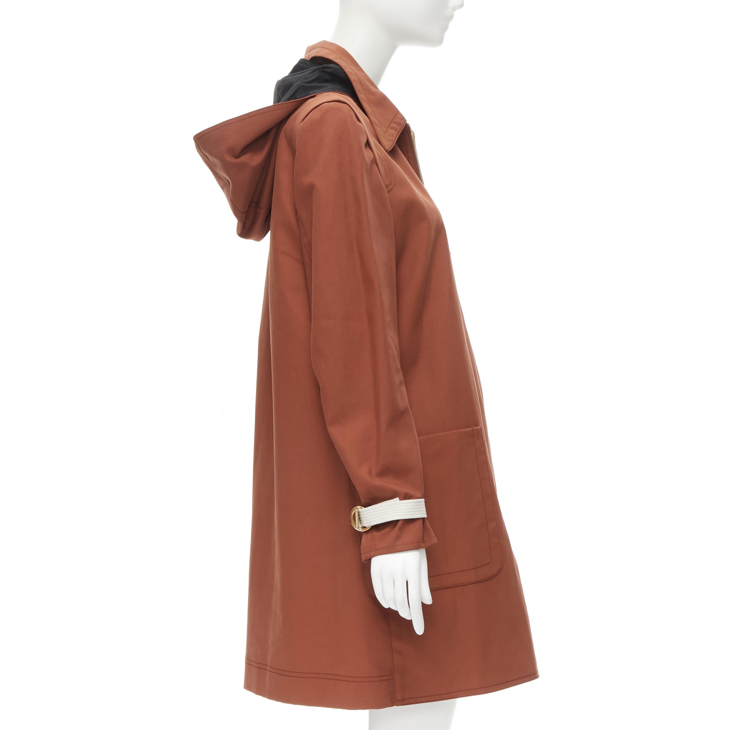MARNI brick red cotton strapped cuff zip front hooded overcoat IT40 S In Excellent Condition For Sale In Hong Kong, NT