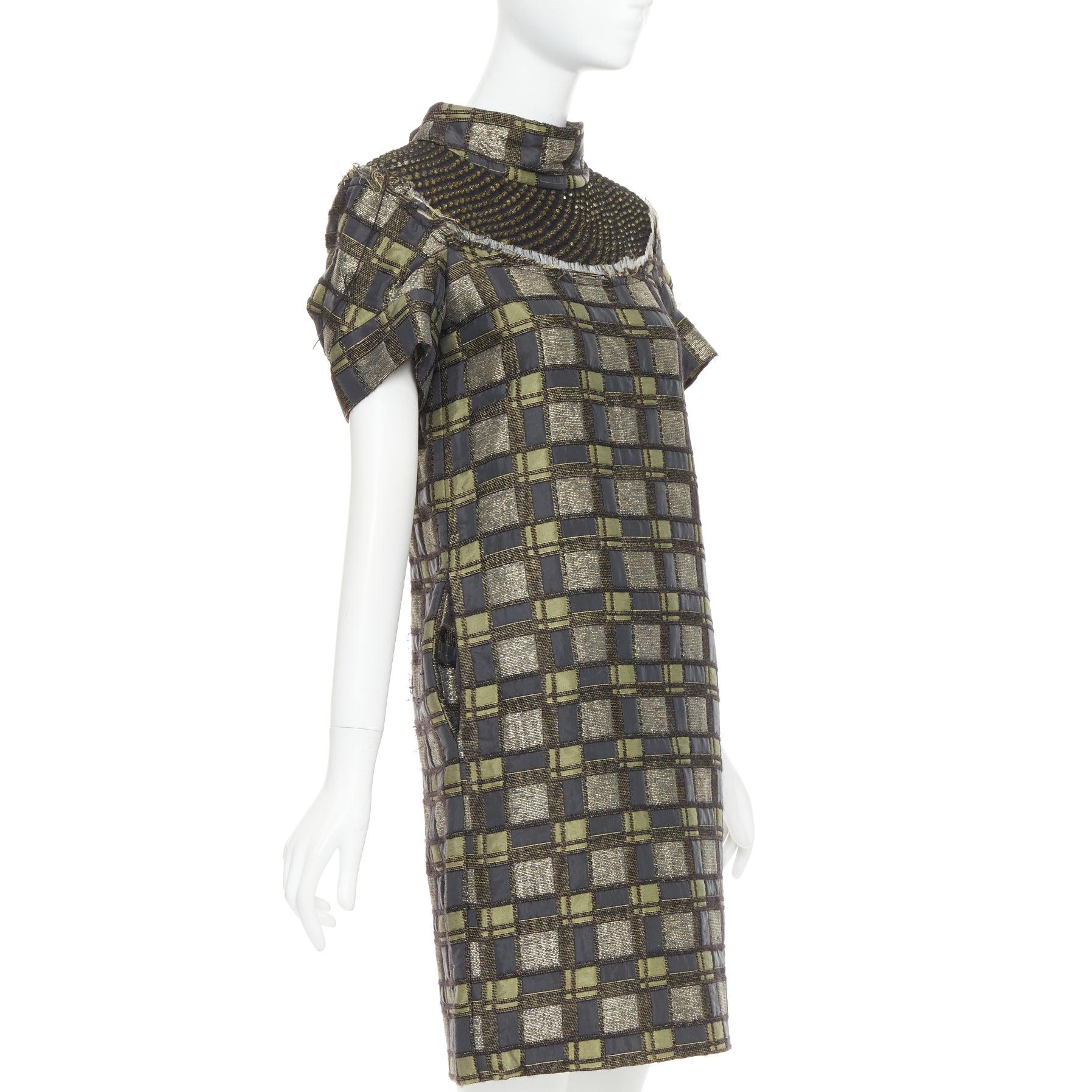 Grigio MARNI abito in broccato a quadri con collo impreziosito grigio bronzo IT36 XXS in vendita