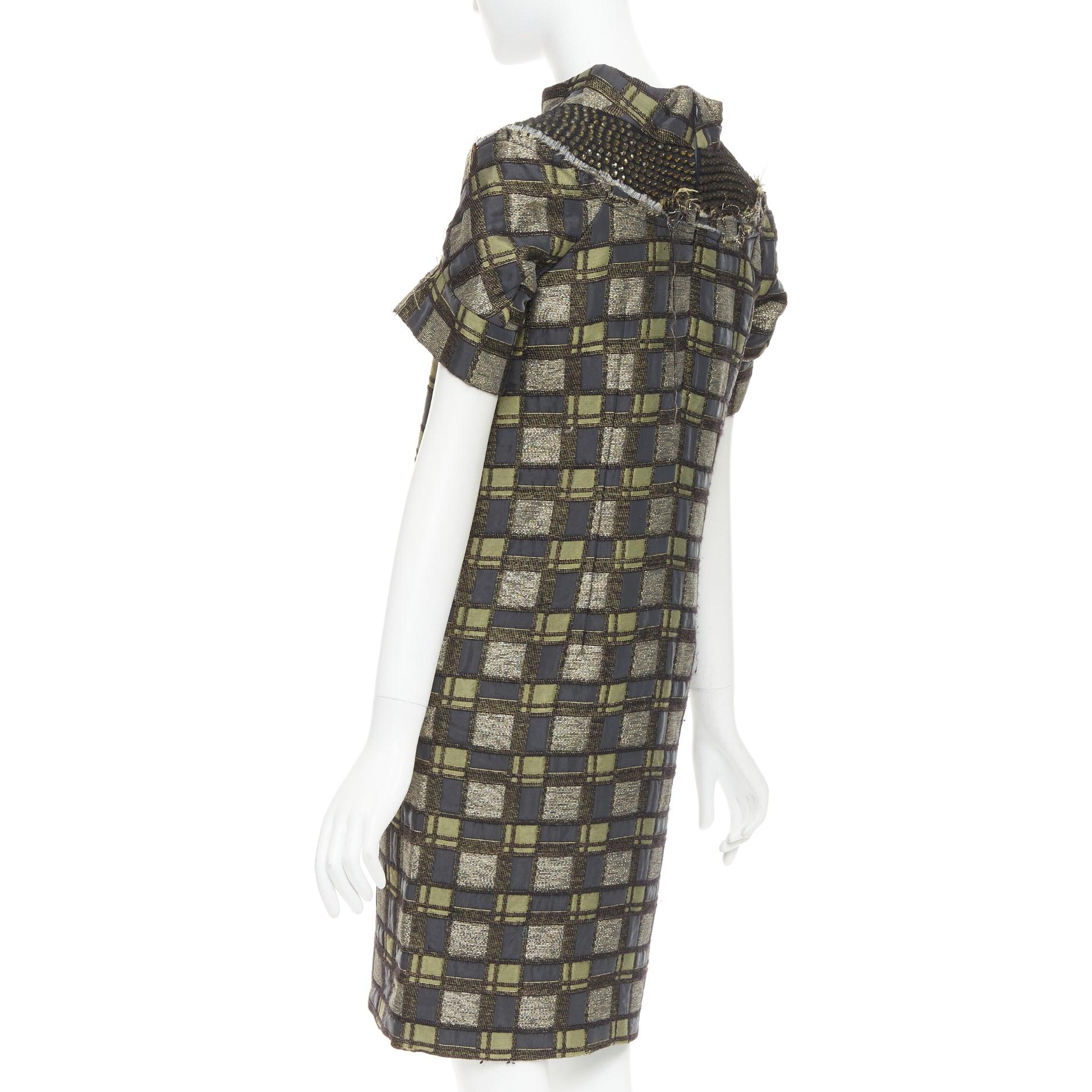 MARNI abito in broccato a quadri con collo impreziosito grigio bronzo IT36 XXS in vendita 1