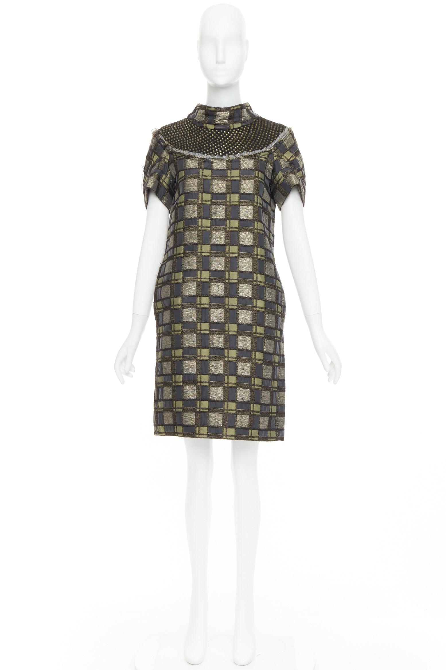 MARNI abito in broccato a quadri con collo impreziosito grigio bronzo IT36 XXS in vendita 4