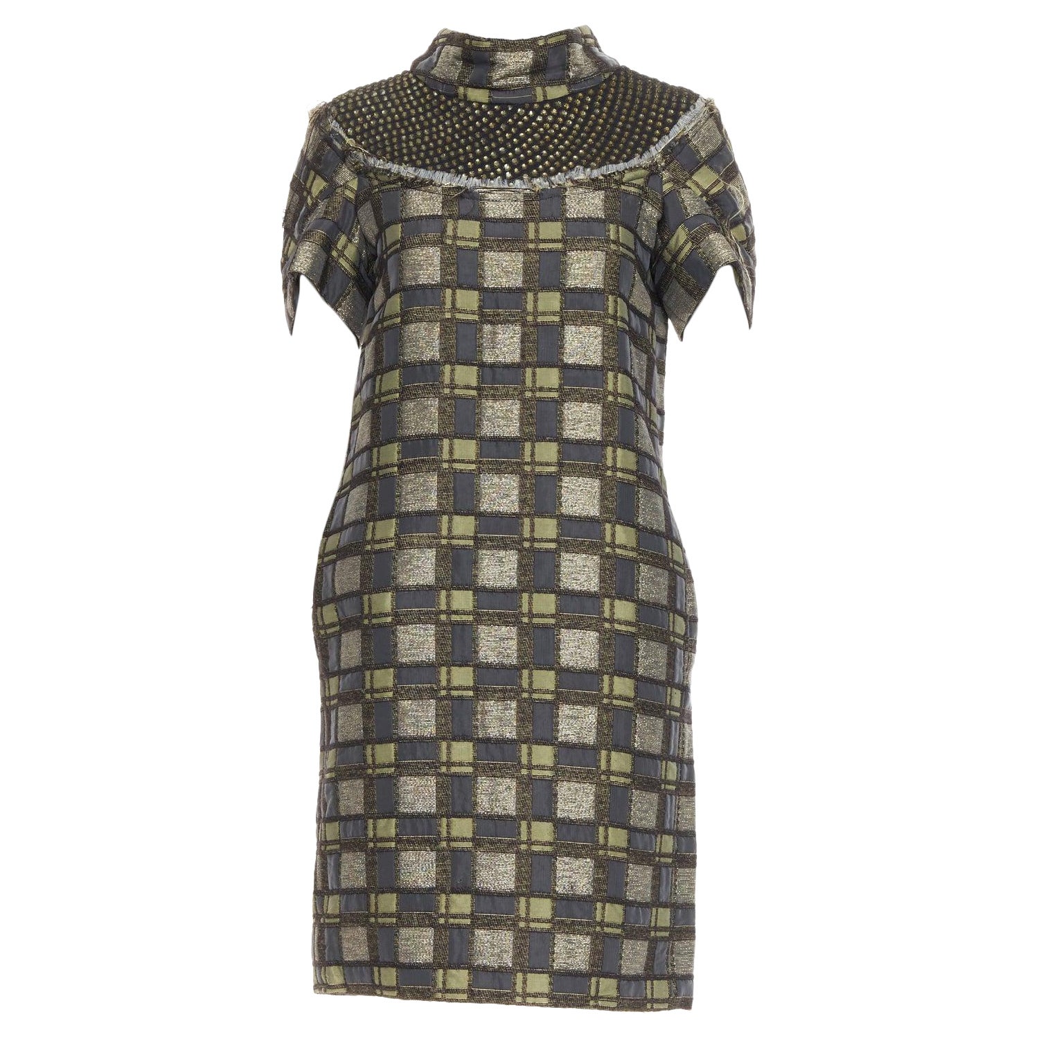 MARNI abito in broccato a quadri con collo impreziosito grigio bronzo IT36 XXS in vendita