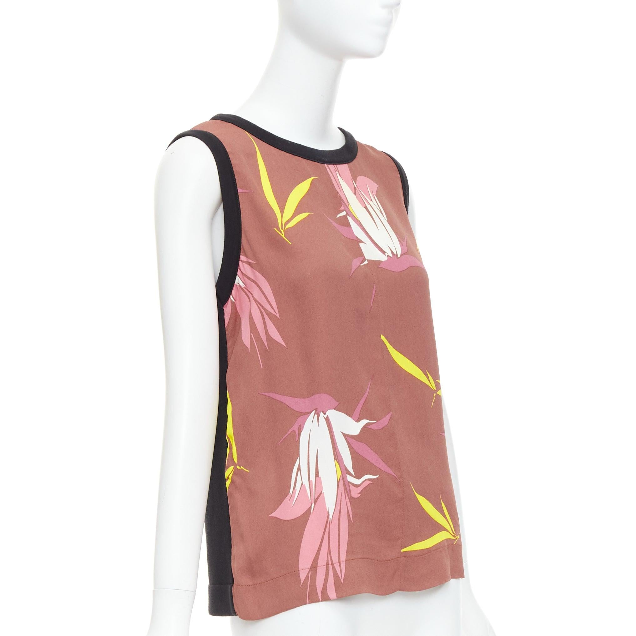 Rosa MARNI canotta marrone nera in misto cotone con stampa floreale tropicale IT40 S in vendita