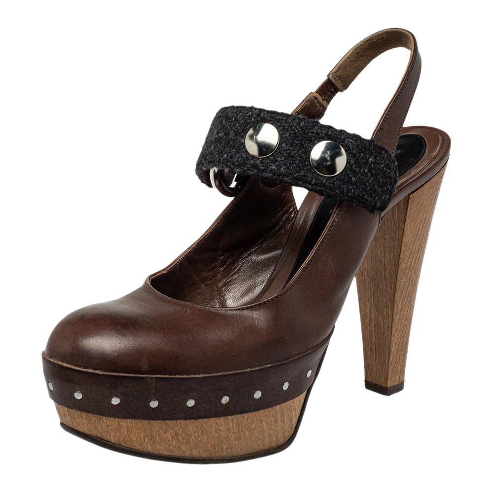 Marni Brown/Black Fabric And Leather Mary Jane Buckle Strap Pumps Size 40 For Sale