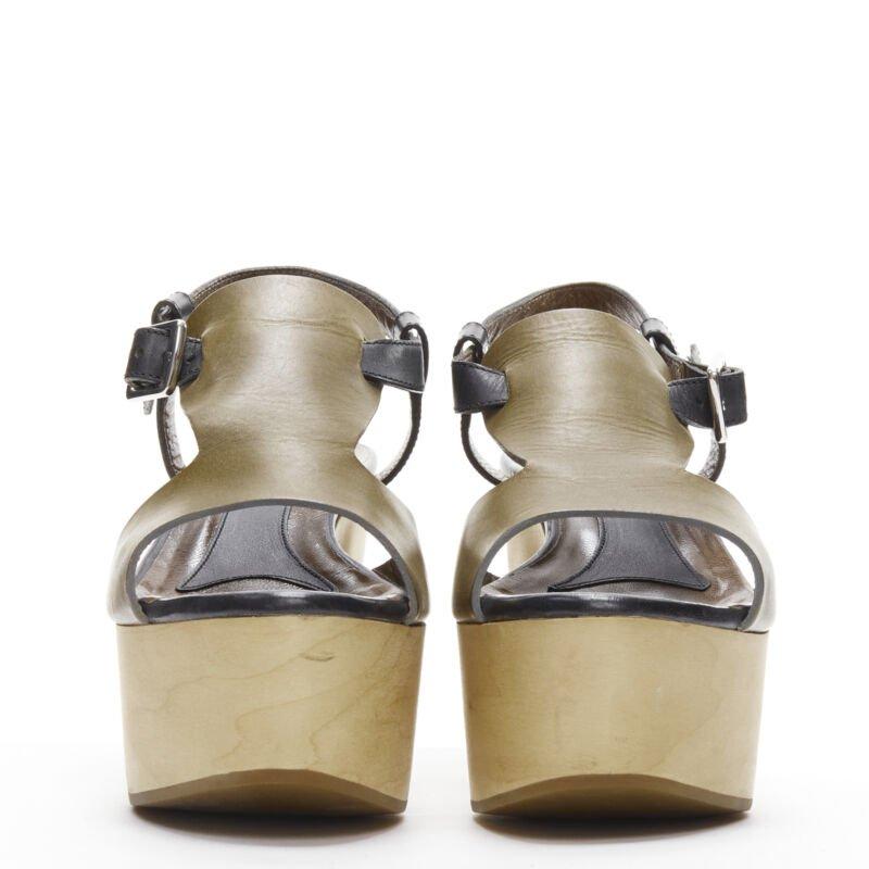 Beige MARNI brown black wooden platform wedged sandals EU37 For Sale