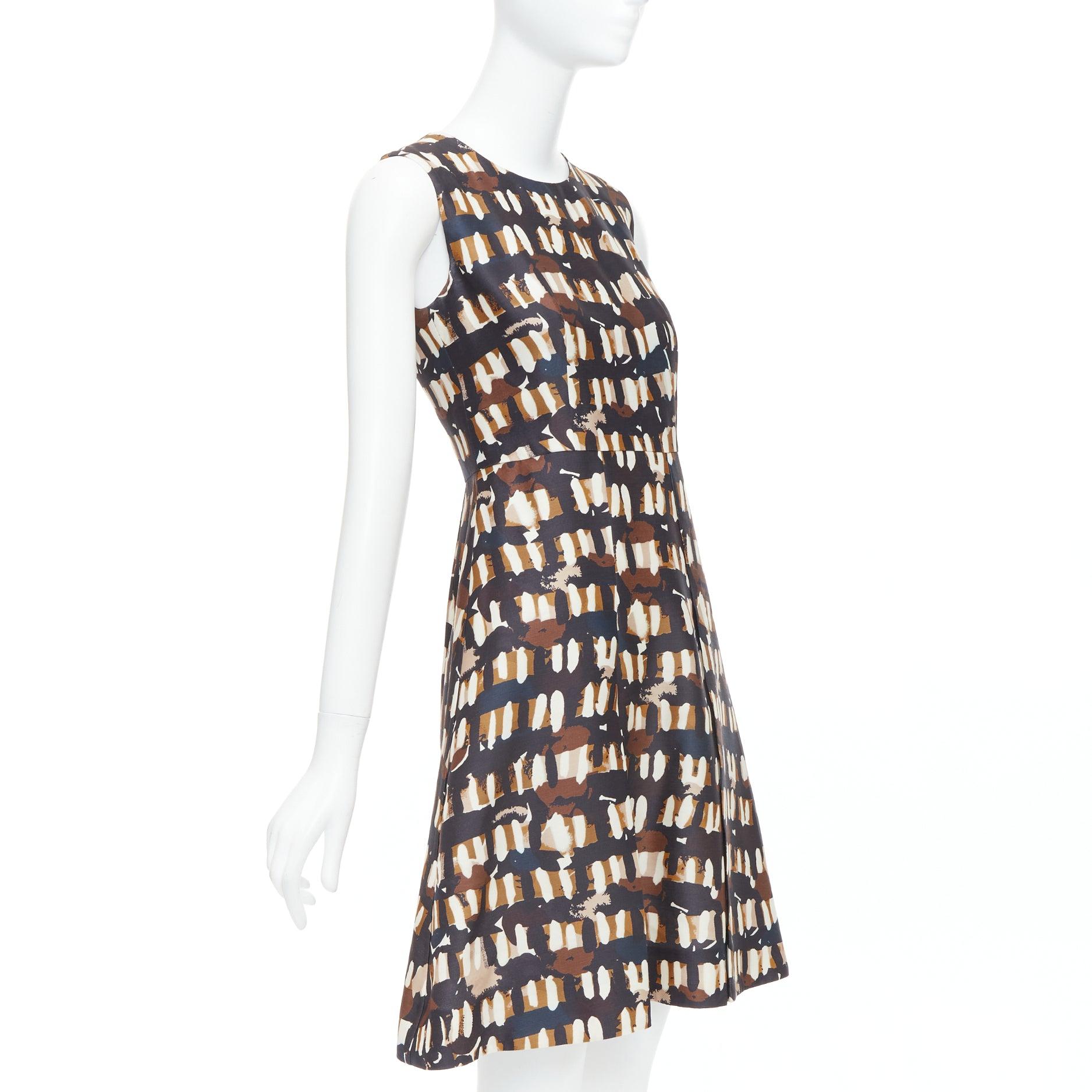 Gray MARNI brown black wool silk abstract print fit flare dress IT38 XS For Sale