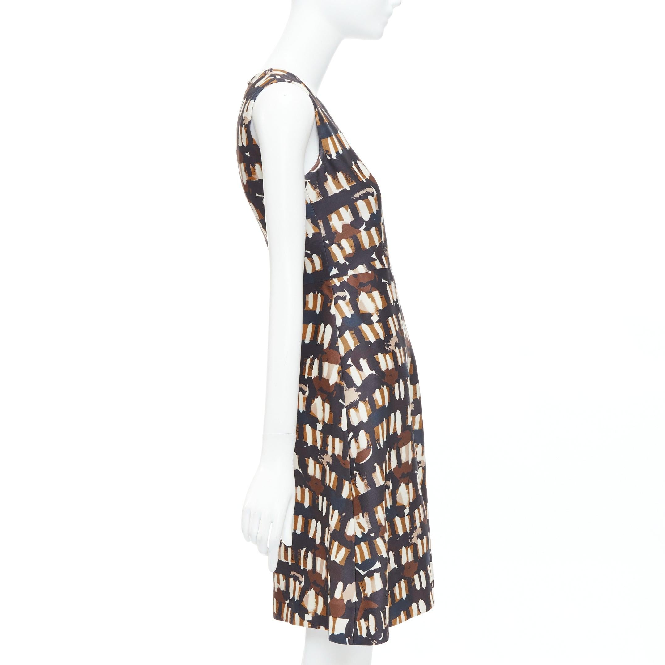 MARNI brown black wool silk abstract print fit flare dress IT38 XS In Excellent Condition For Sale In Hong Kong, NT