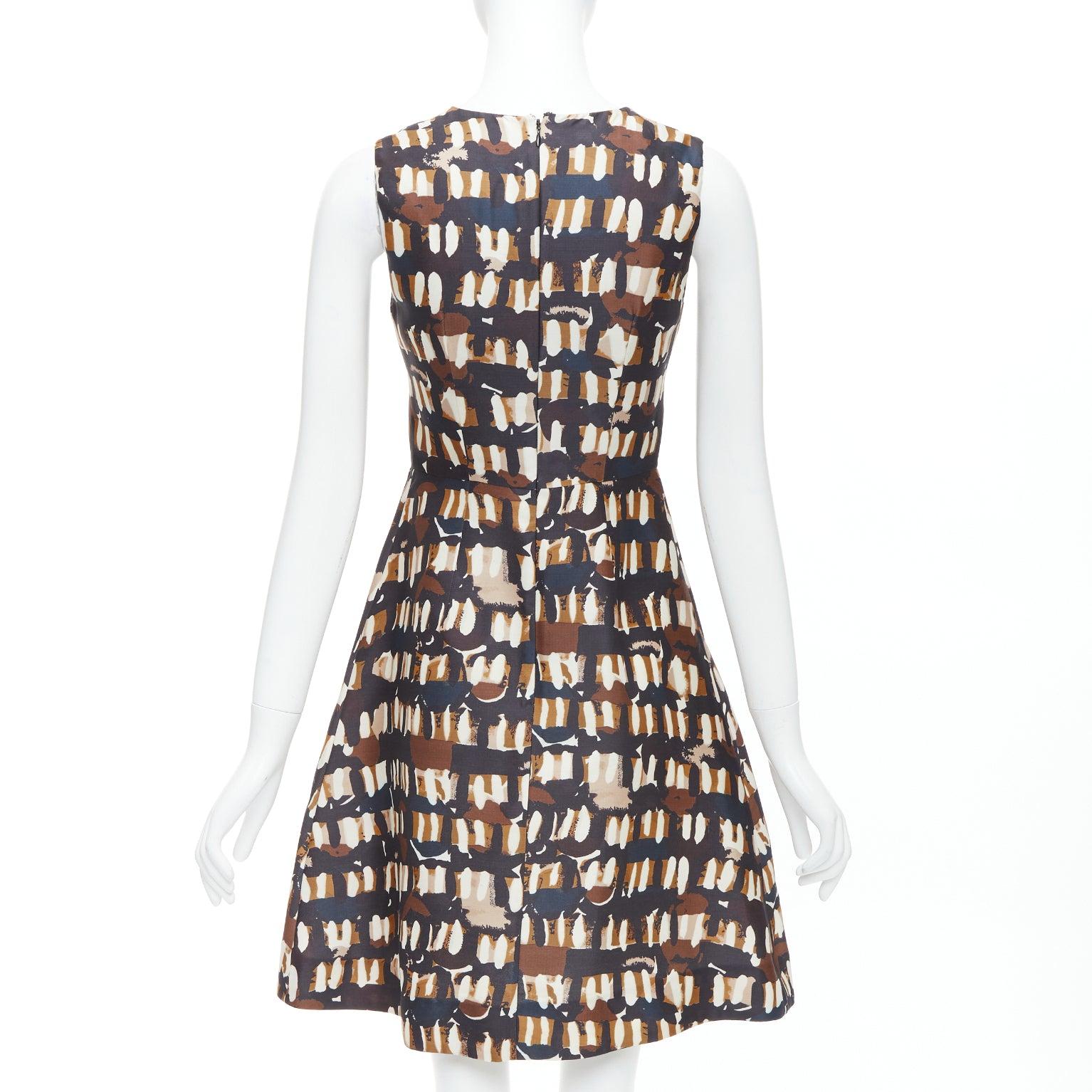 Women's MARNI brown black wool silk abstract print fit flare dress IT38 XS For Sale