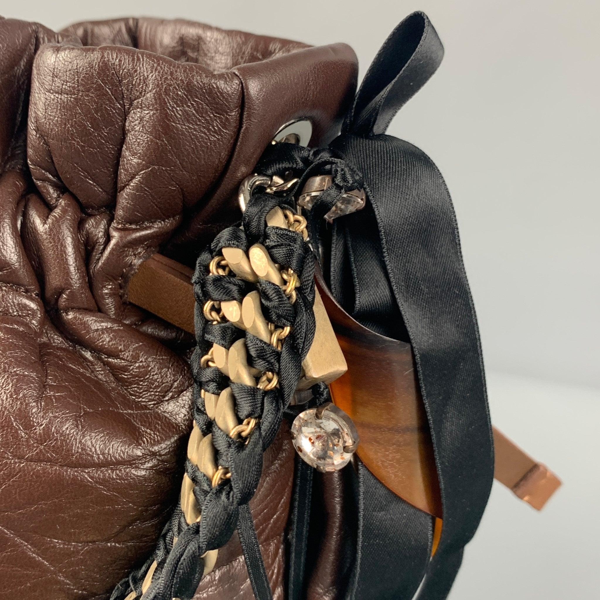 MARNI Brown Black Rhinestones Wrinkled Leather Handbag Bon état - En vente à San Francisco, CA