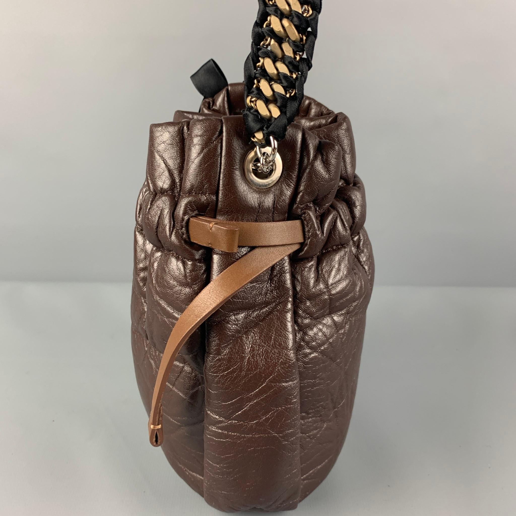 MARNI Brown Black Wrinkled Rhinestones Leather Handbag In Good Condition In San Francisco, CA