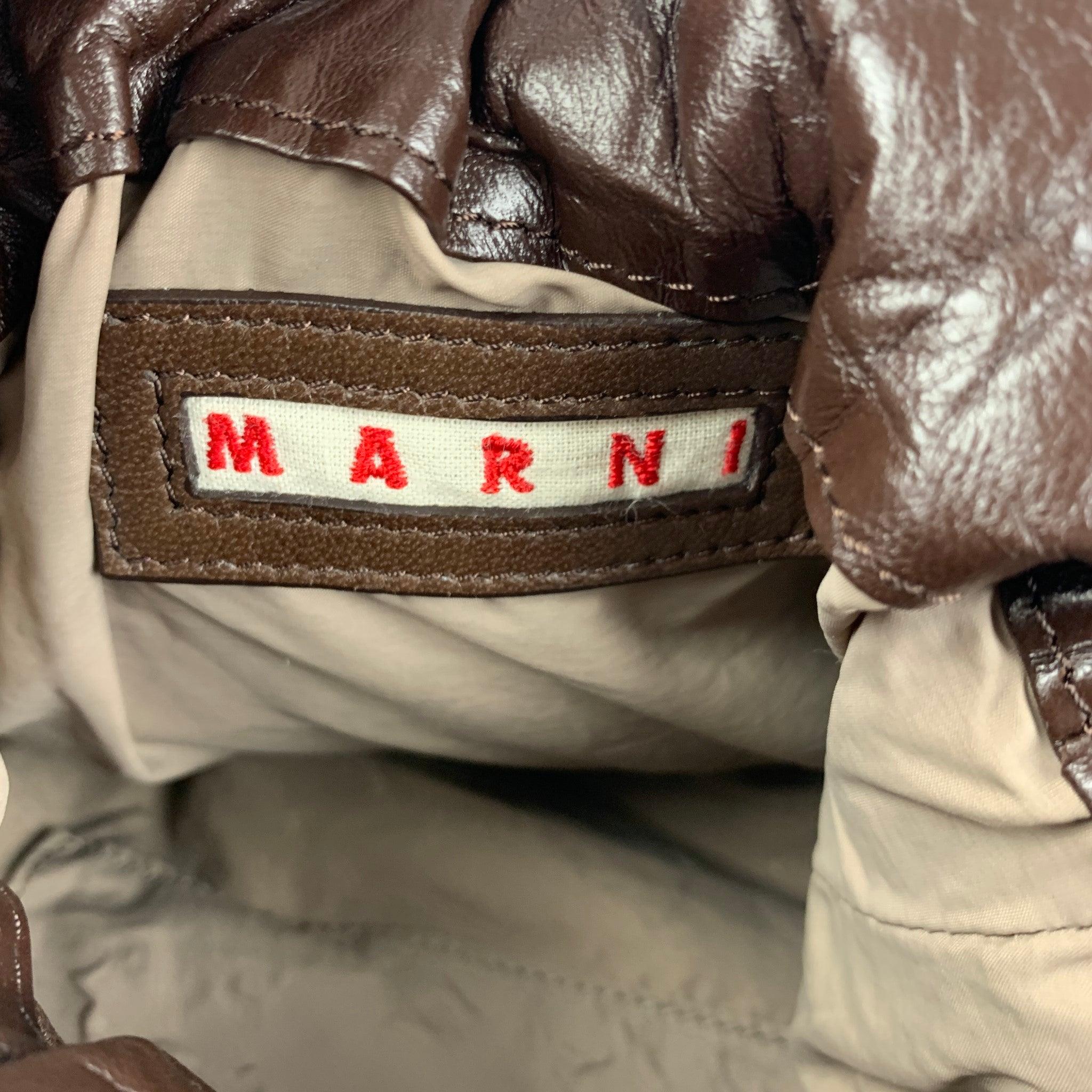 MARNI Brown Black Rhinestones Wrinkled Leather Handbag en vente 3
