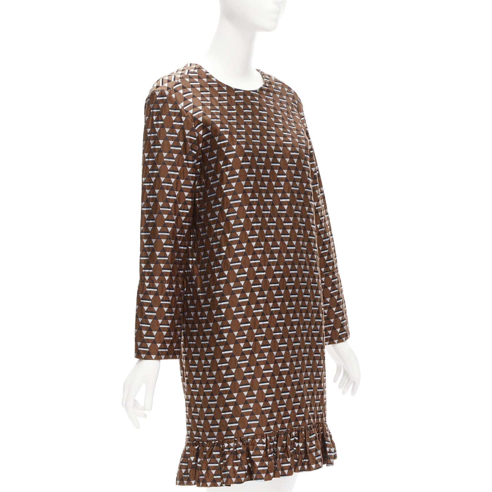 MARNI brown blue geometric jacquard frill hem dress IT38 XS
Reference: CELG/A00299
Brand: Marni
Material: Cotton, Blend
Color: Brown, Blue
Pattern: Geometric
Closure: Slip On
Made in: Italy

CONDITION:
Condition: Very good, this item was pre-owned